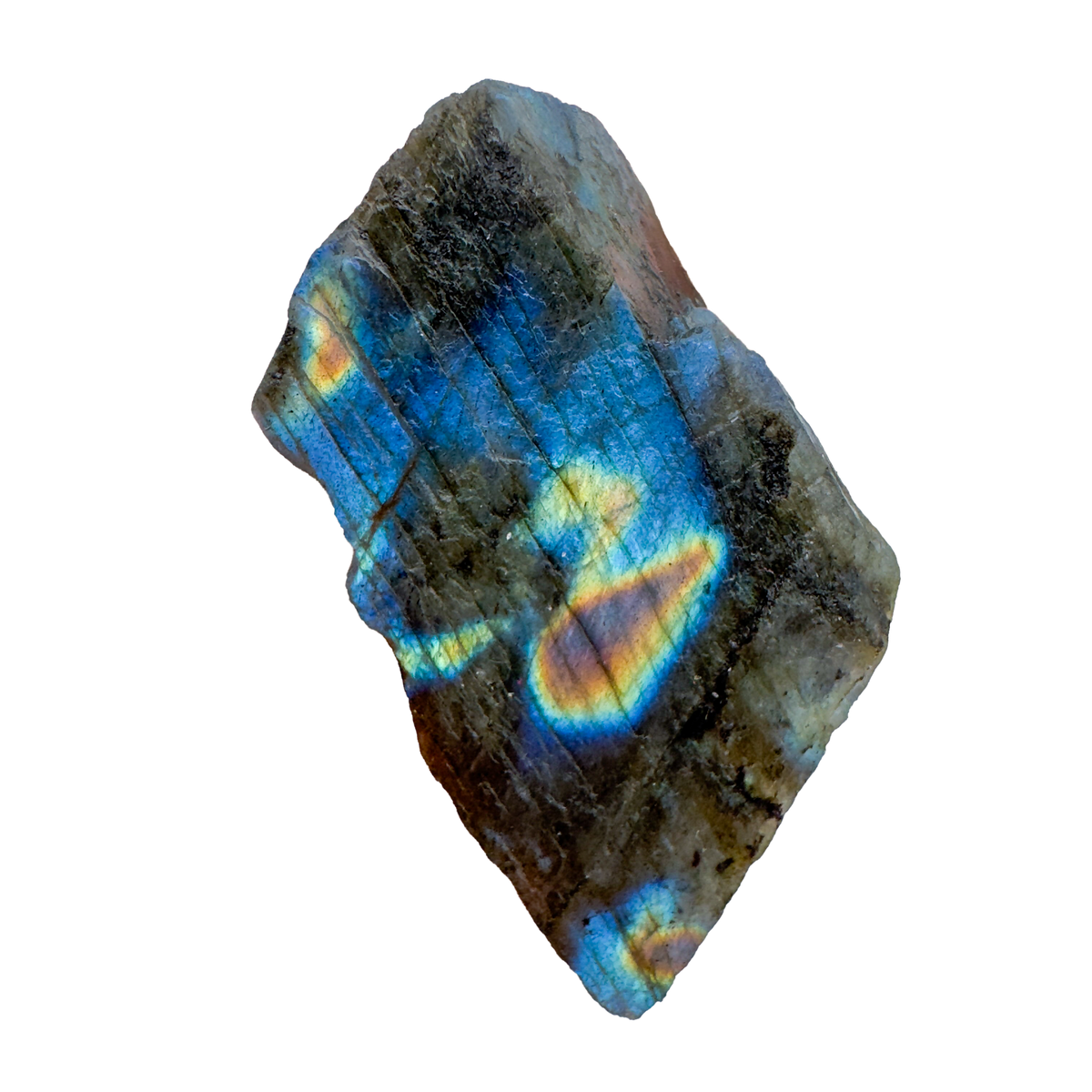 Detail view of AA Grade Rainbow Labradorite raw stone from Madagascar