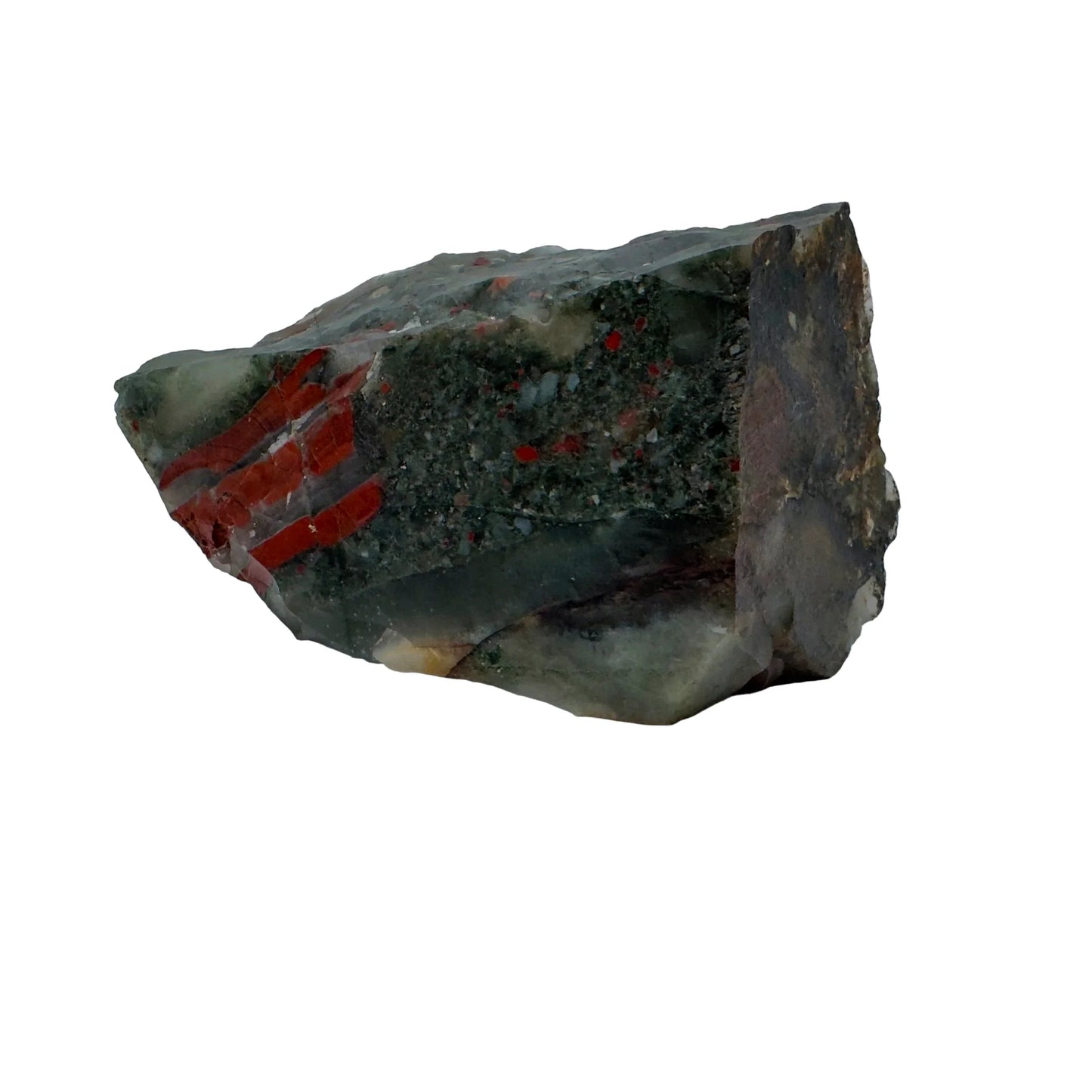 Sideways view of Bloodstone specimen, sourced from Hhohho, Eswatini.