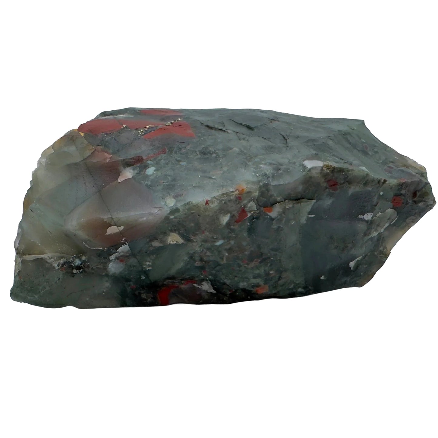 Back view of green Bloodstone specimen, hand-selected from Hhohho, Eswatini, showing natural sheen.