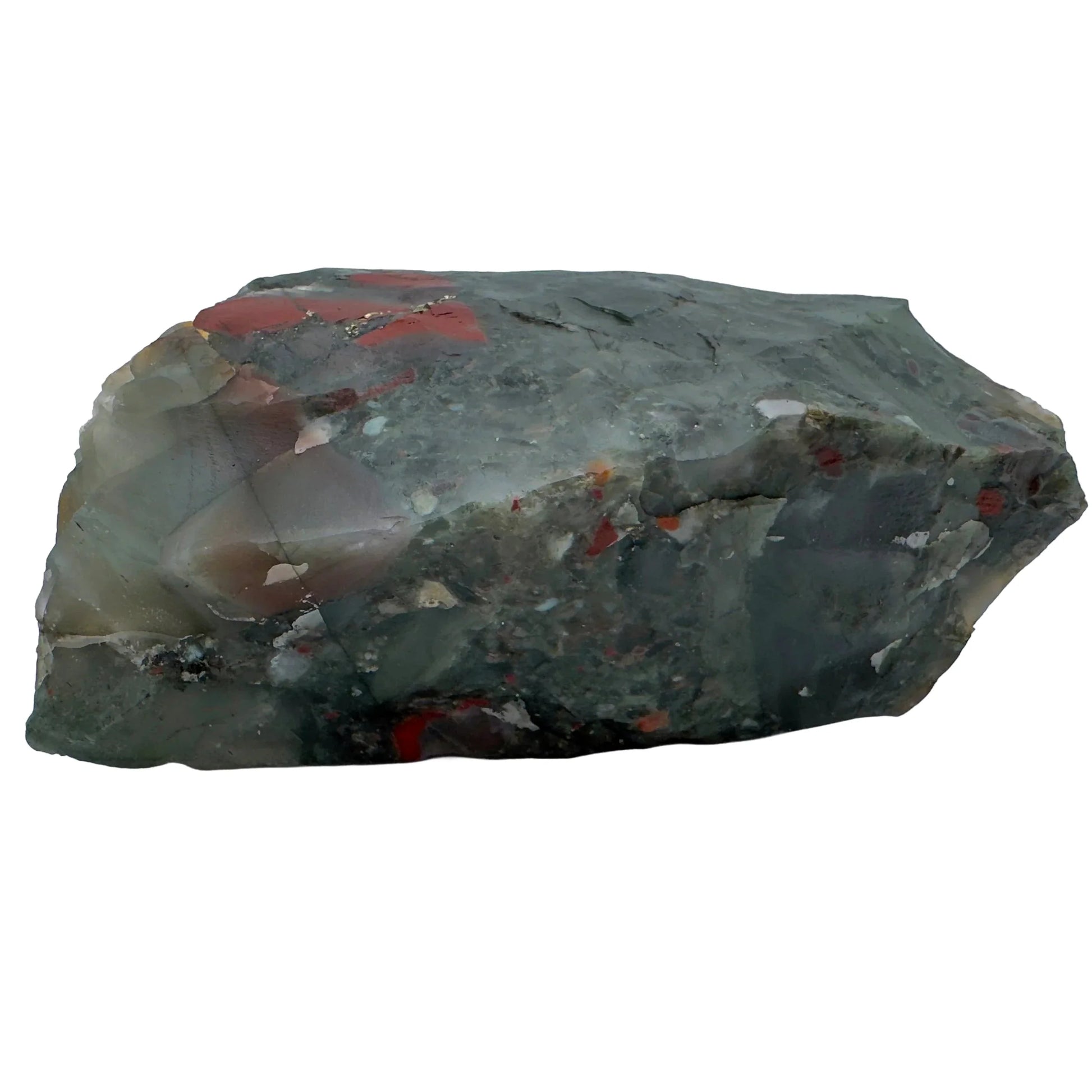 Back view of green Bloodstone specimen, hand-selected from Hhohho, Eswatini, showing natural sheen.