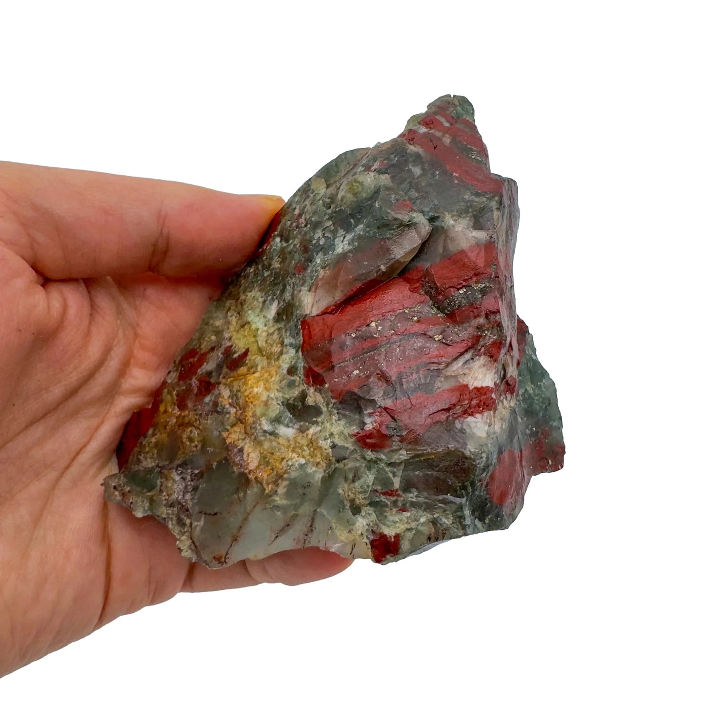 Companion image of Bloodstone specimen, from Hhohho, Eswatini, linked to Grounding, with subtle natural color showing through.