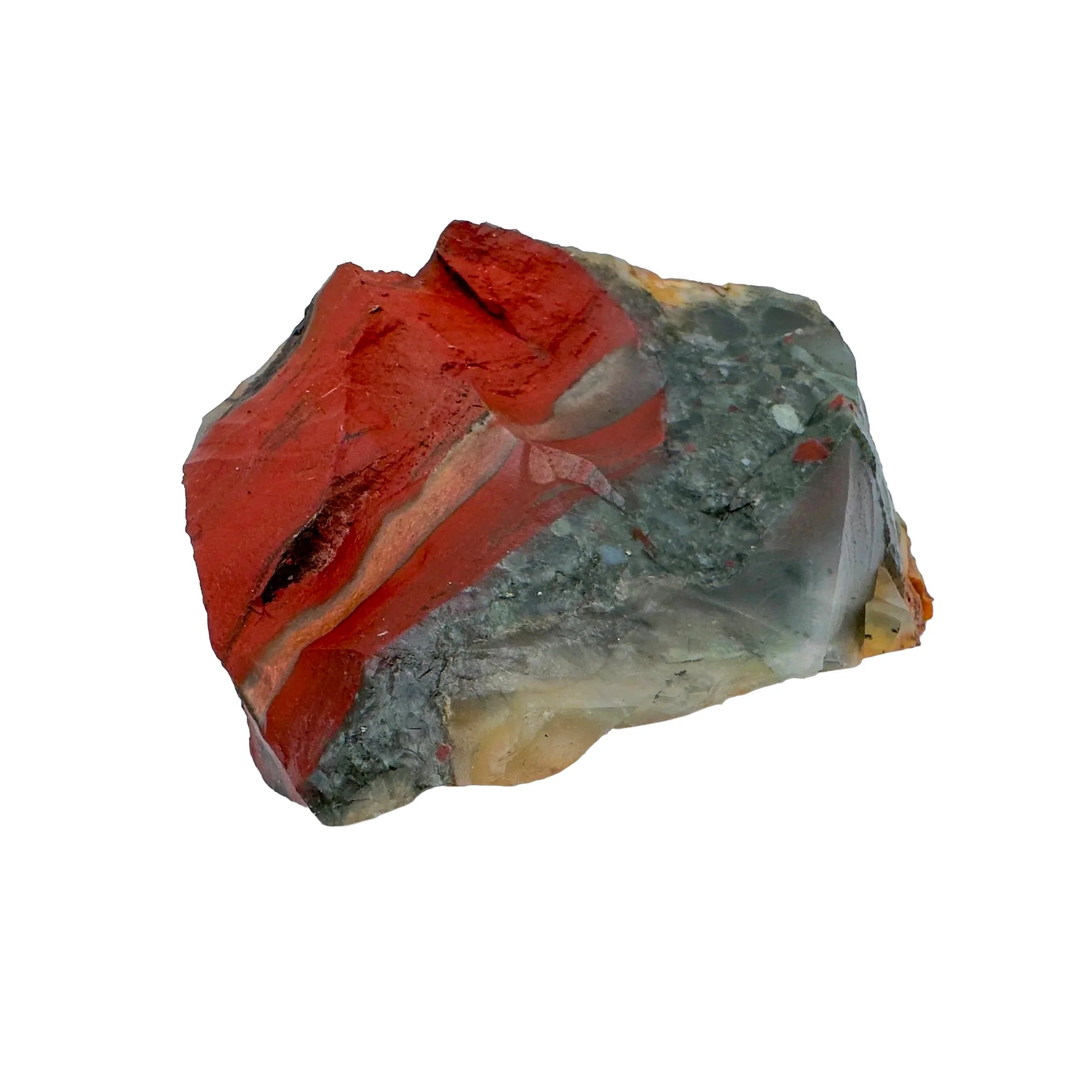 Held in hand, one Bloodstone specimen for scale, sourced from Eswatini.
