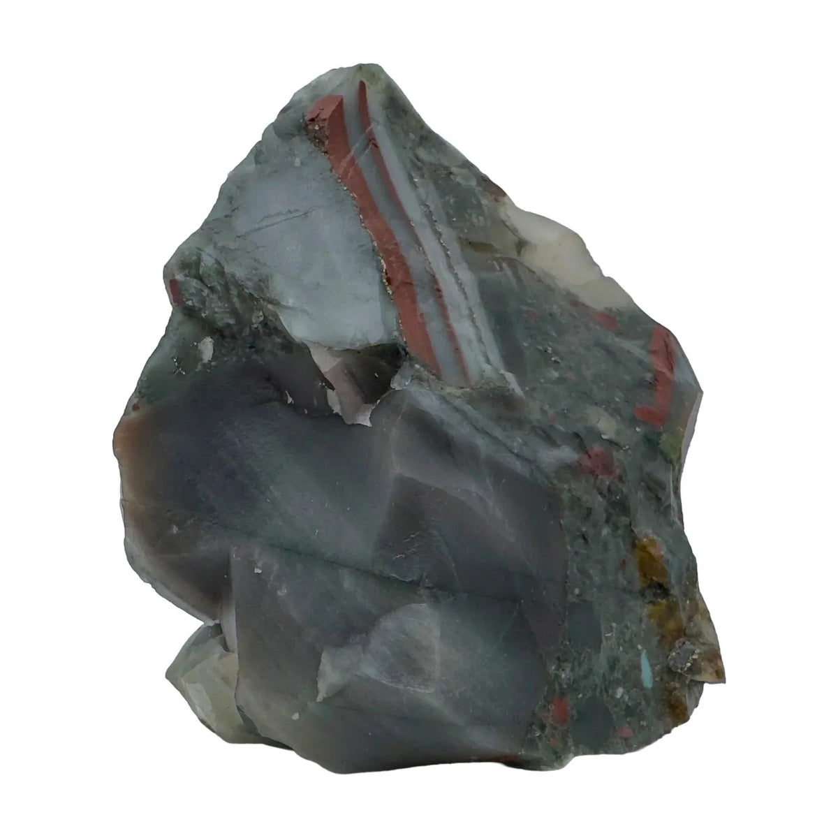 Top angle of Grade AA Bloodstone specimen, sourced from Hhohho, Eswatini, showing natural patina.