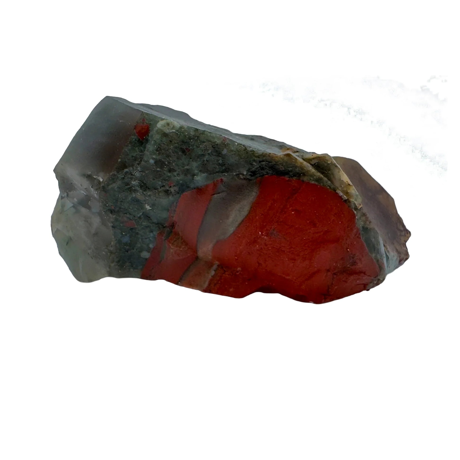 Palm-scale view of a Bloodstone specimen held against natural backdrop.
