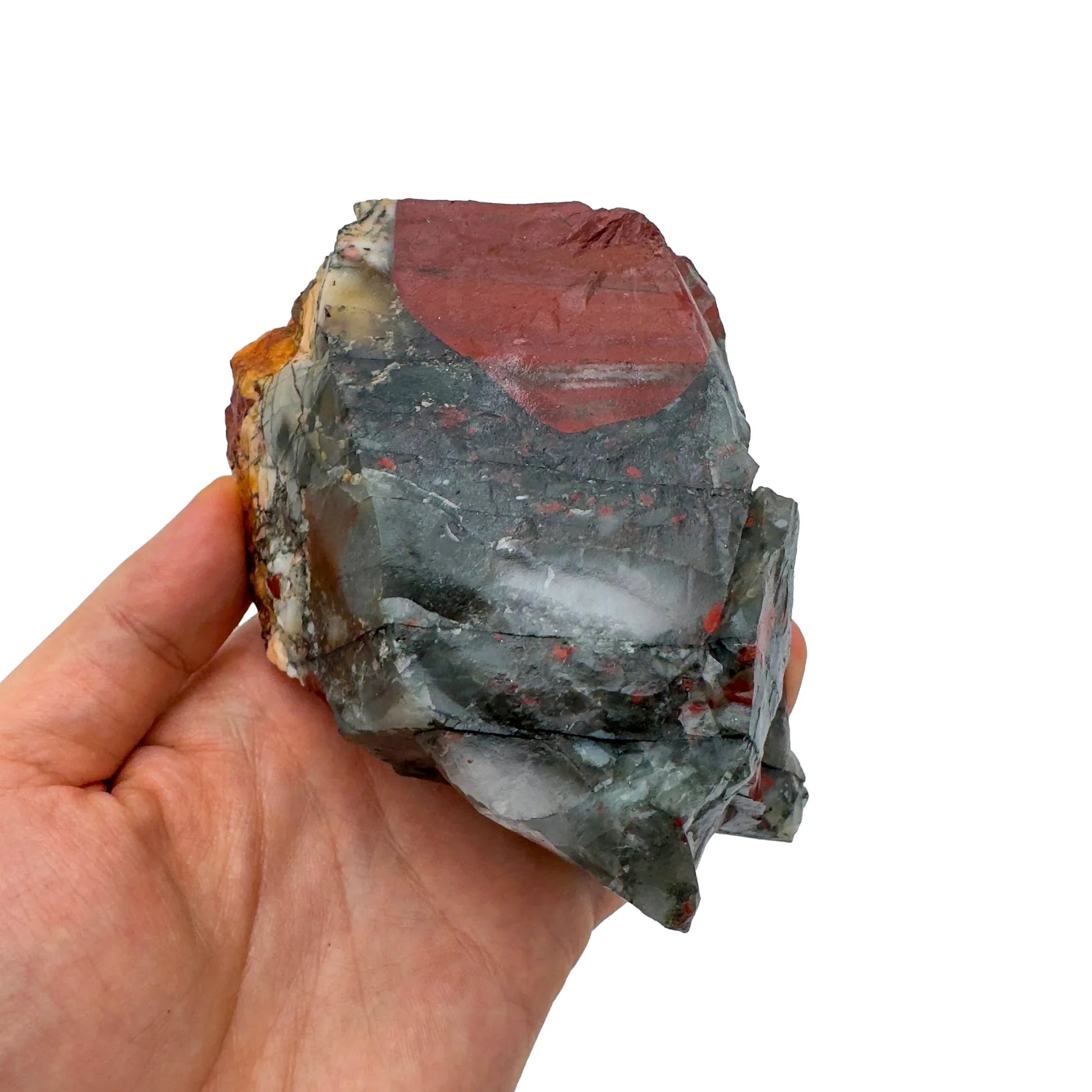 Styled with natural light Bloodstone specimen, showing the full body of the piece.