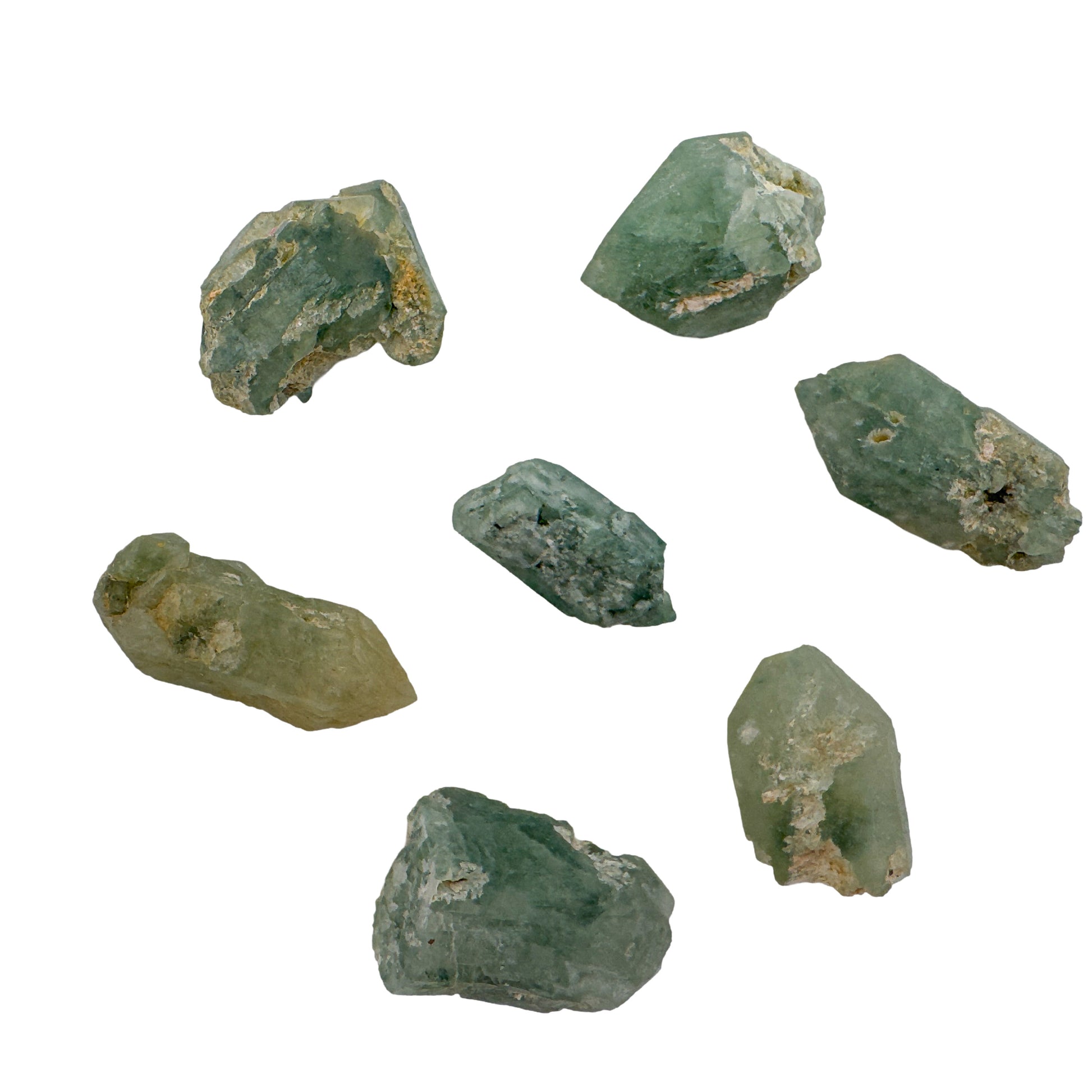 Eight A grade chlorite quartz raw crystal points from Zimbabwe, 1 to 1.50 inches, green chlorite sealed inside the quartz