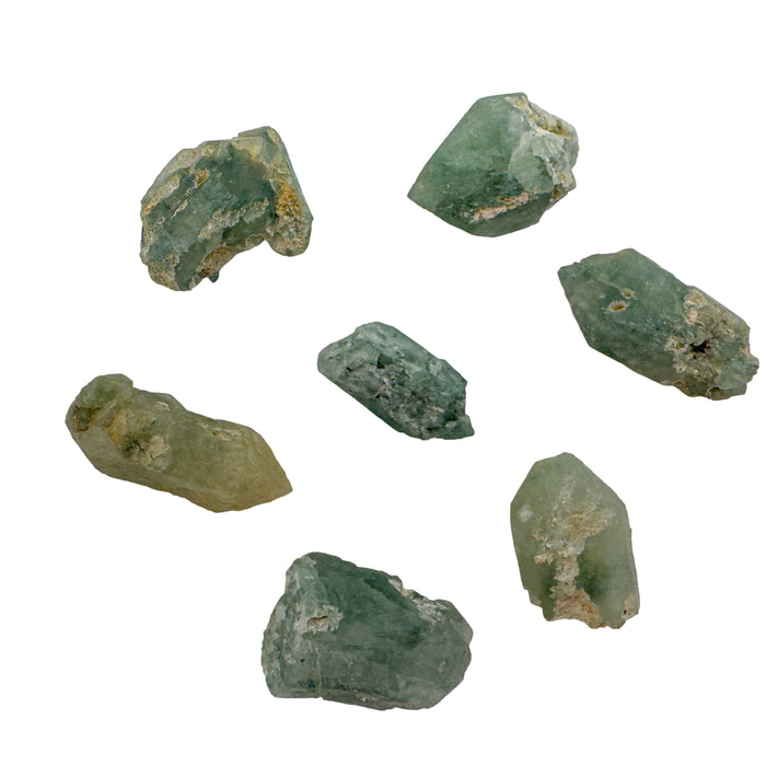 Eight A grade chlorite quartz raw crystal points from Zimbabwe, 1 to 1.50 inches, green chlorite sealed inside the quartz