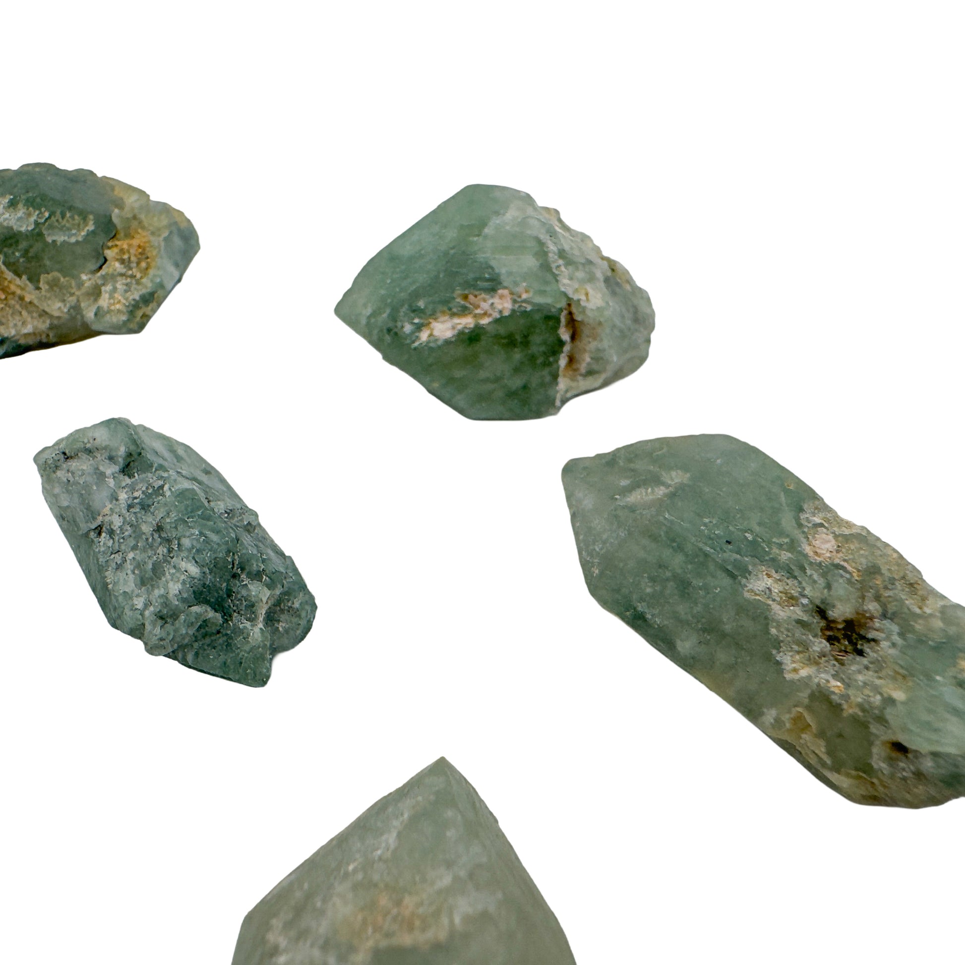 Five chlorite quartz points at 1 to 1.50 inches showing chlorite phantoms and pale matrix on the faces