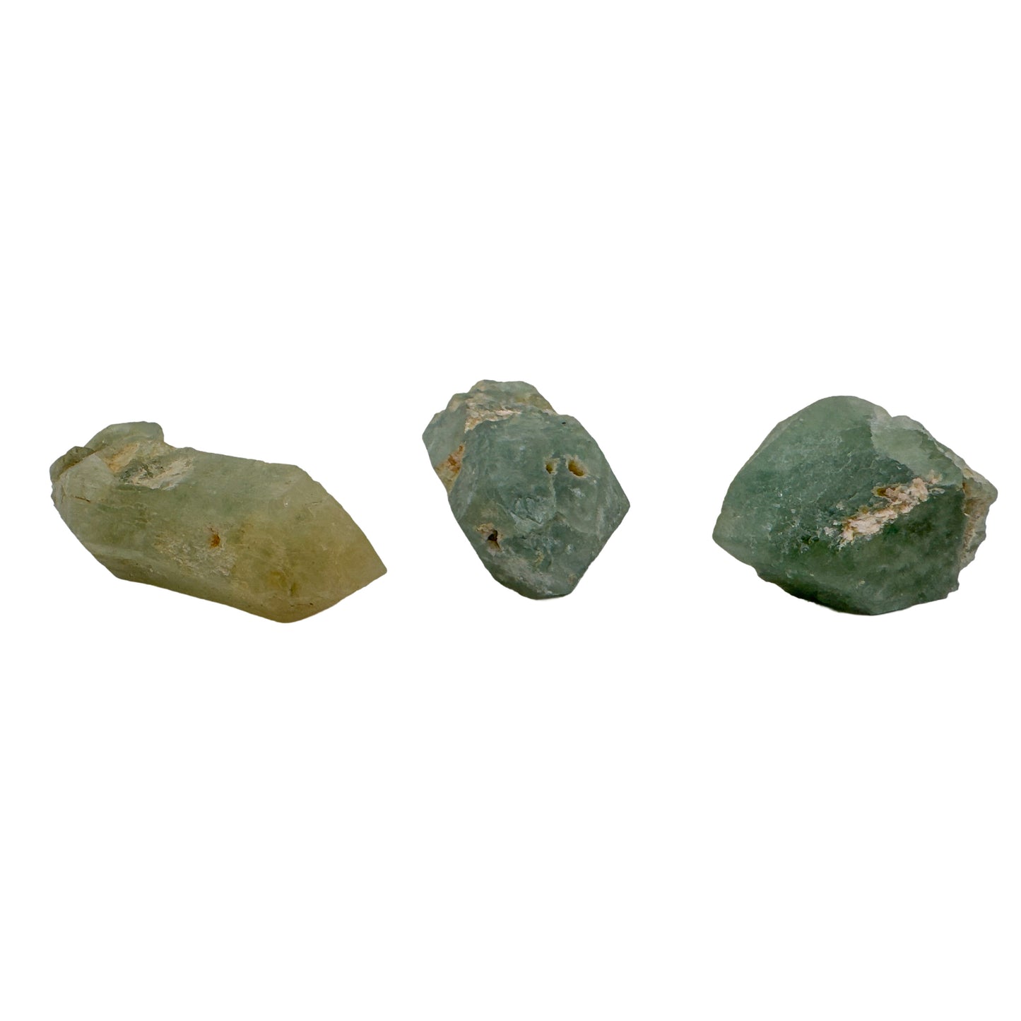 Row of five large chlorite quartz points showing the range of green from pale olive to deep forest