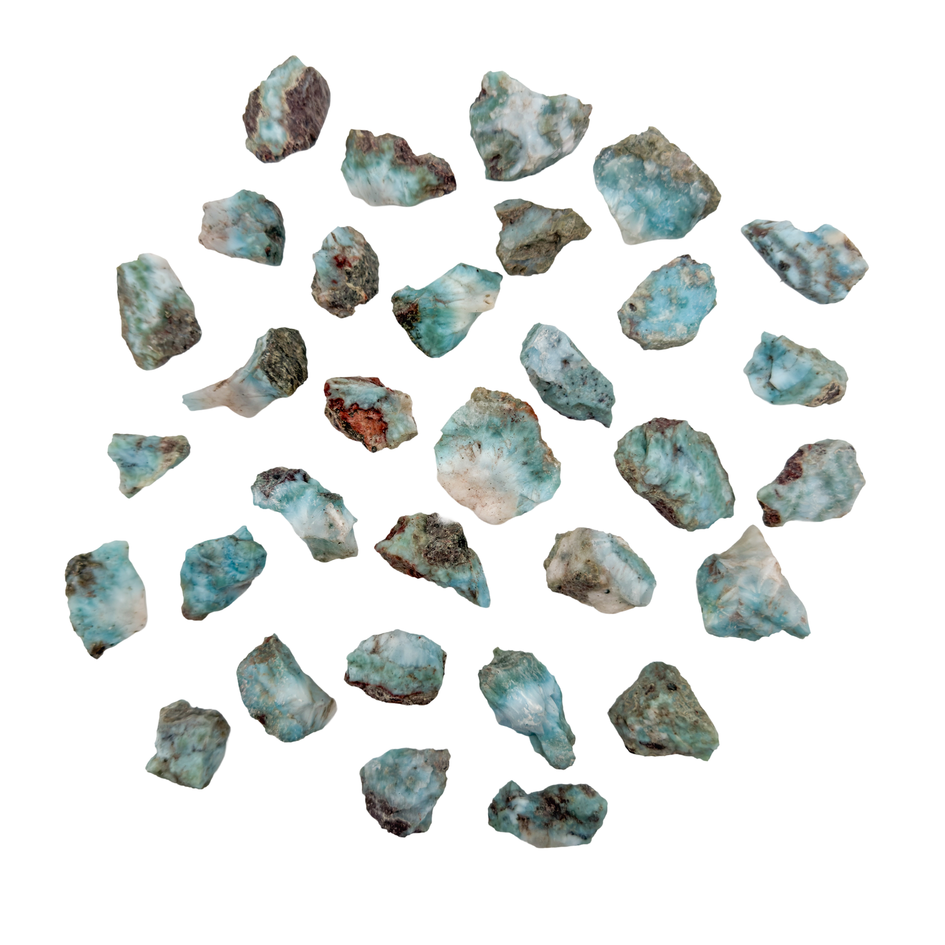 Larimar raw stones scattered flat lay, A grade sea blue rough from Barahona Province Dominican Republic, 0.5 to 1 inch
