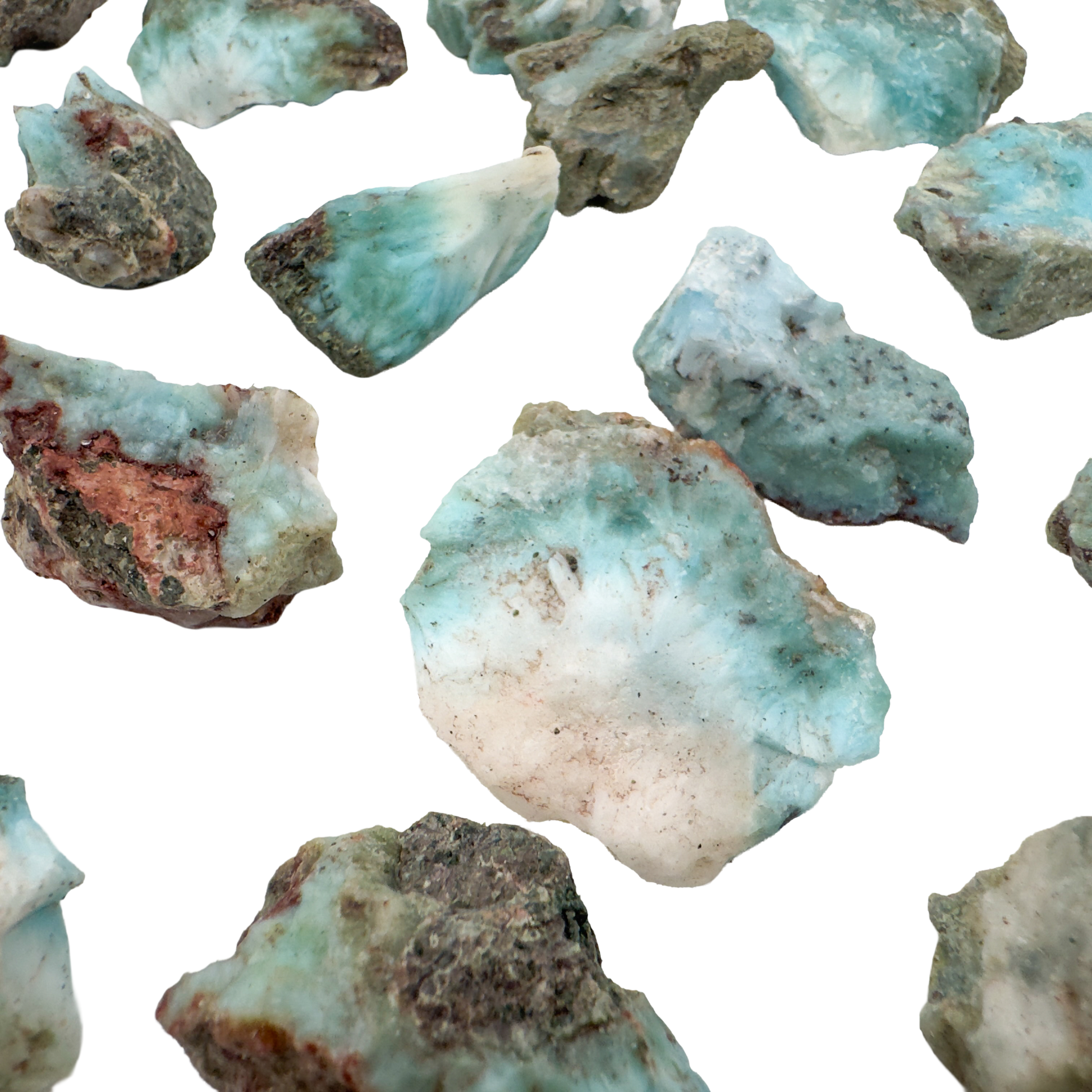 Group of A grade Larimar raw stones with grey host rock matrix visible on some faces
