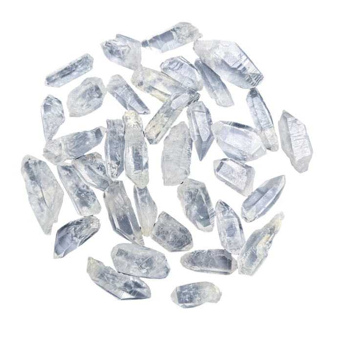 A-grade Lemurian Quartz raw points from Brazil, 24-40 pieces per pound, clarity ranging from water-clear to softly veiled.