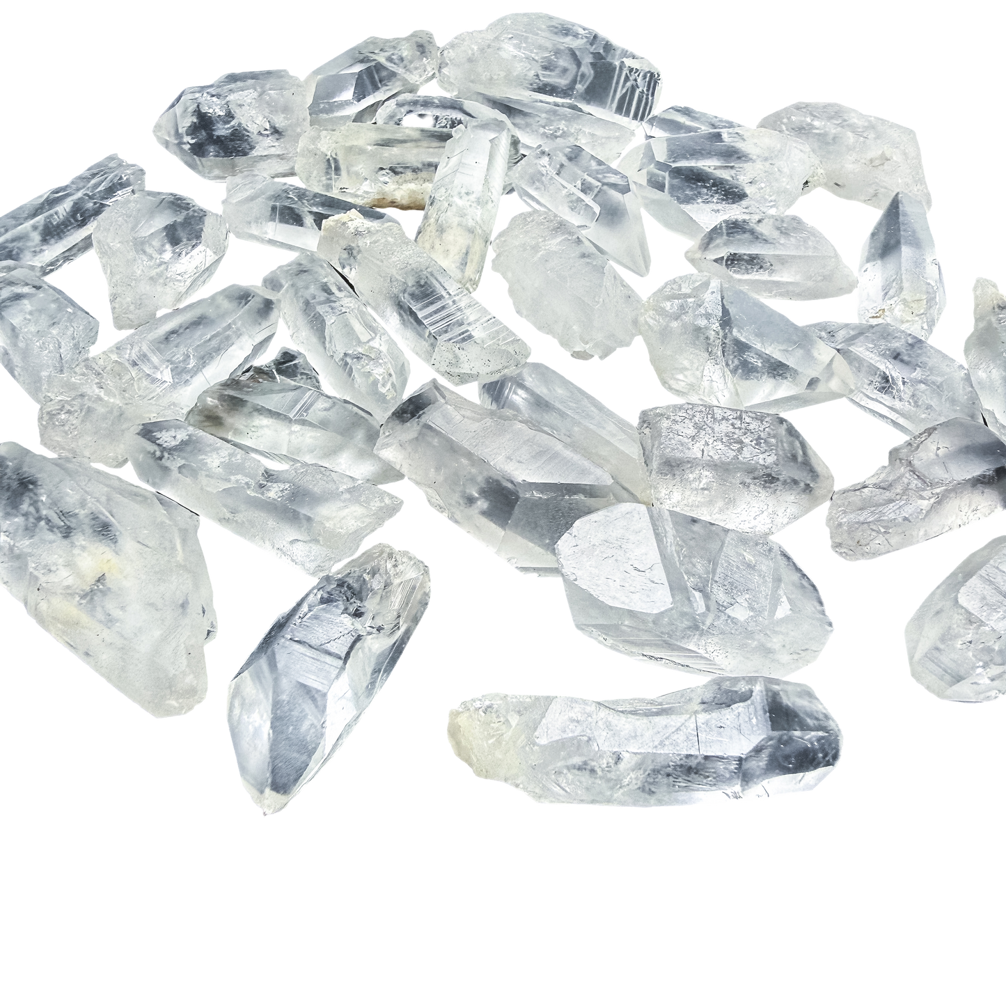 Grouped Lemurian Quartz crystal points sized 1 to 2 inches, natural terminations and untooled striated faces.