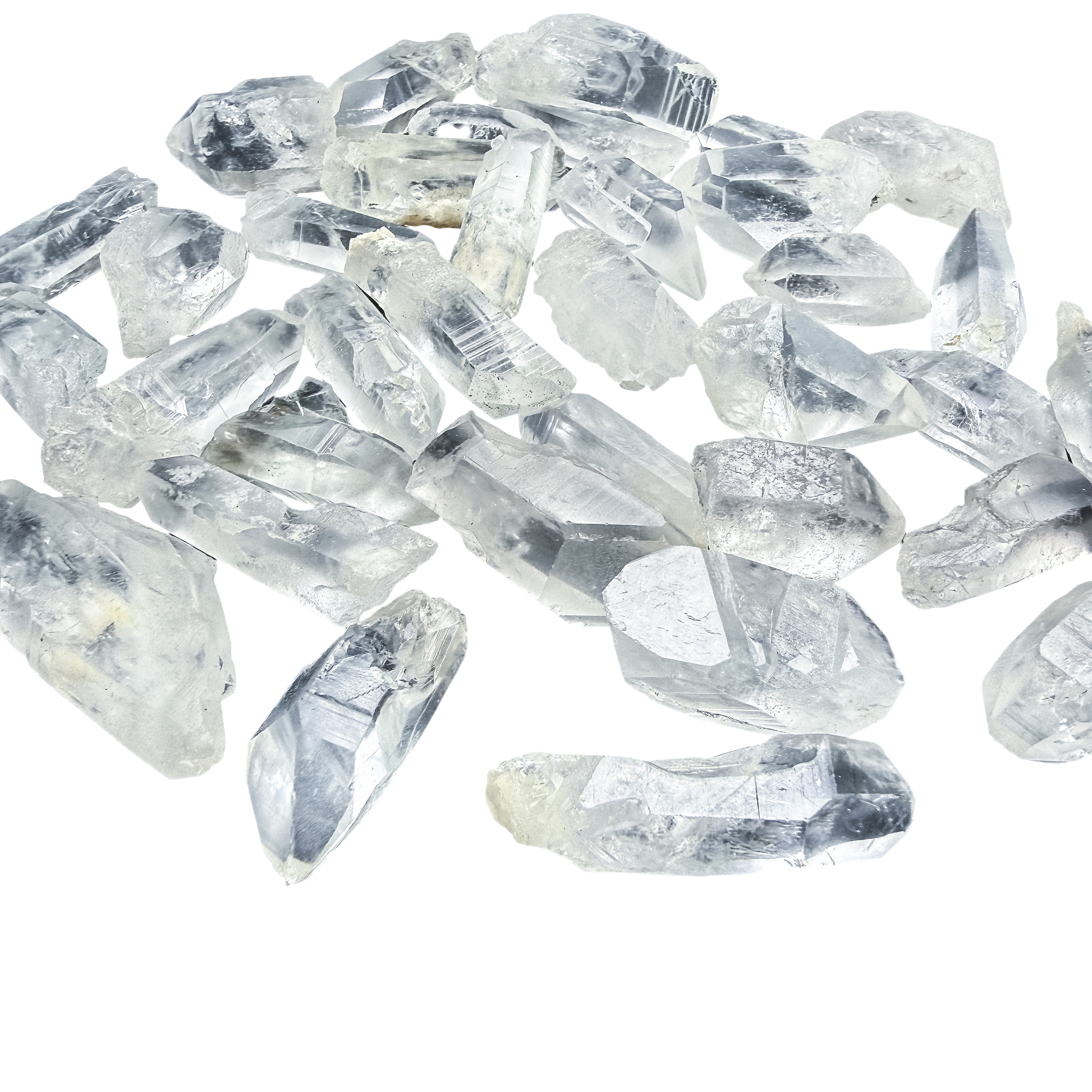 Grouped Lemurian Quartz crystal points sized 1 to 2 inches, natural terminations and untooled striated faces.