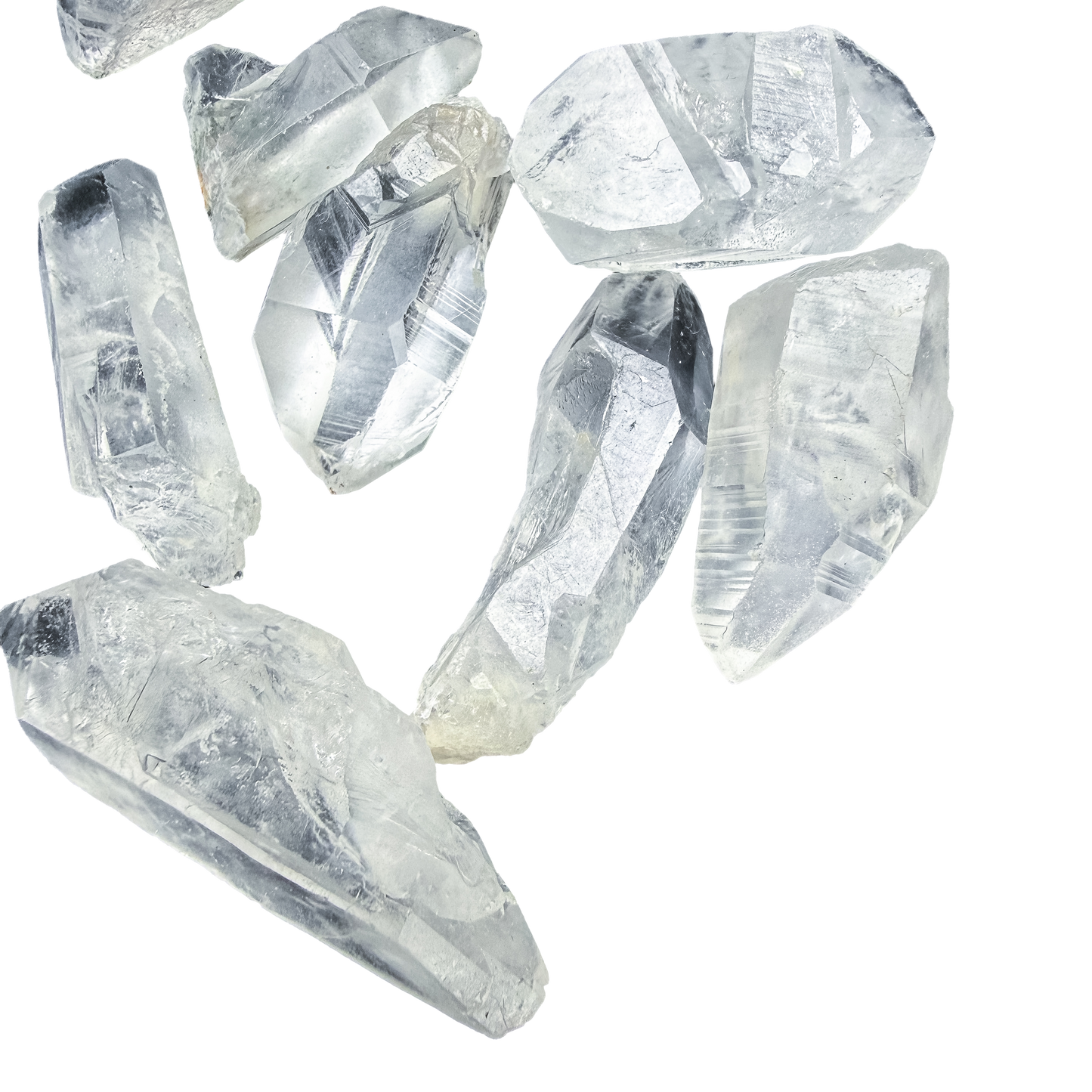 Detail of a single Lemurian Quartz point at 10 to 30 grams, its striations readable under a fingertip.