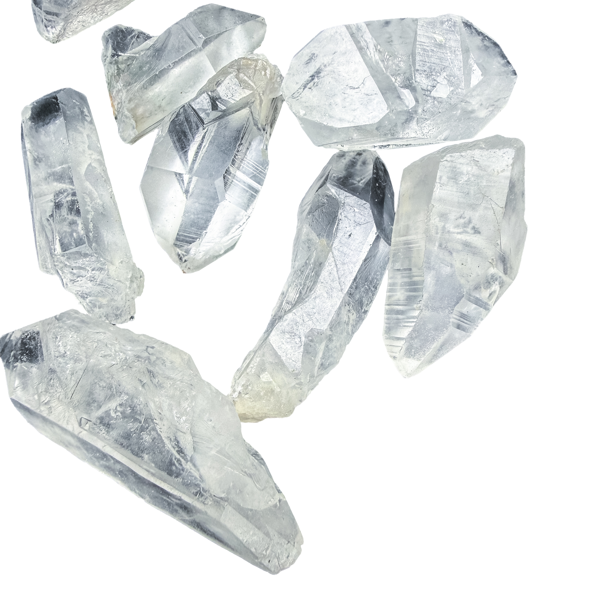 Detail of a single Lemurian Quartz point at 10 to 30 grams, its striations readable under a fingertip.