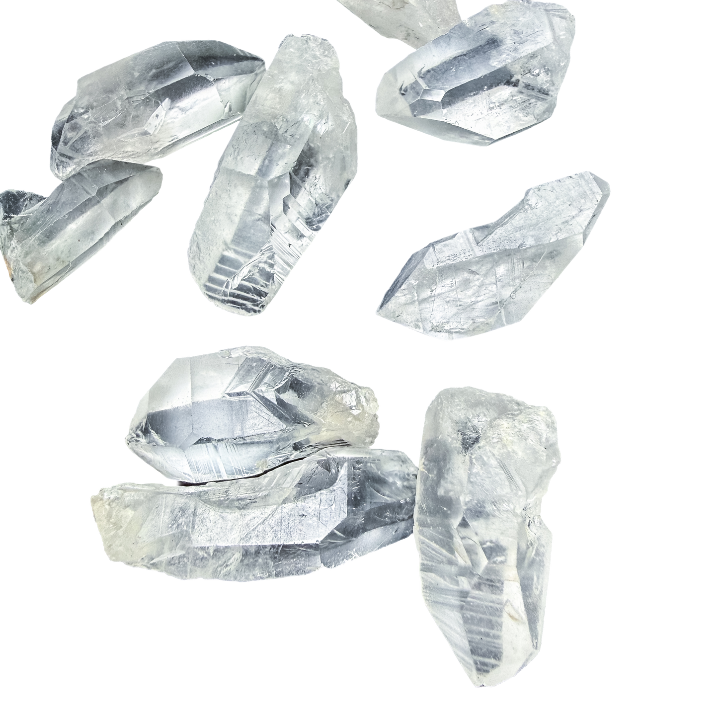 Top-down view of Brazilian Lemurian Quartz points, Mohs 7, jojoba finished, natural growth striations.