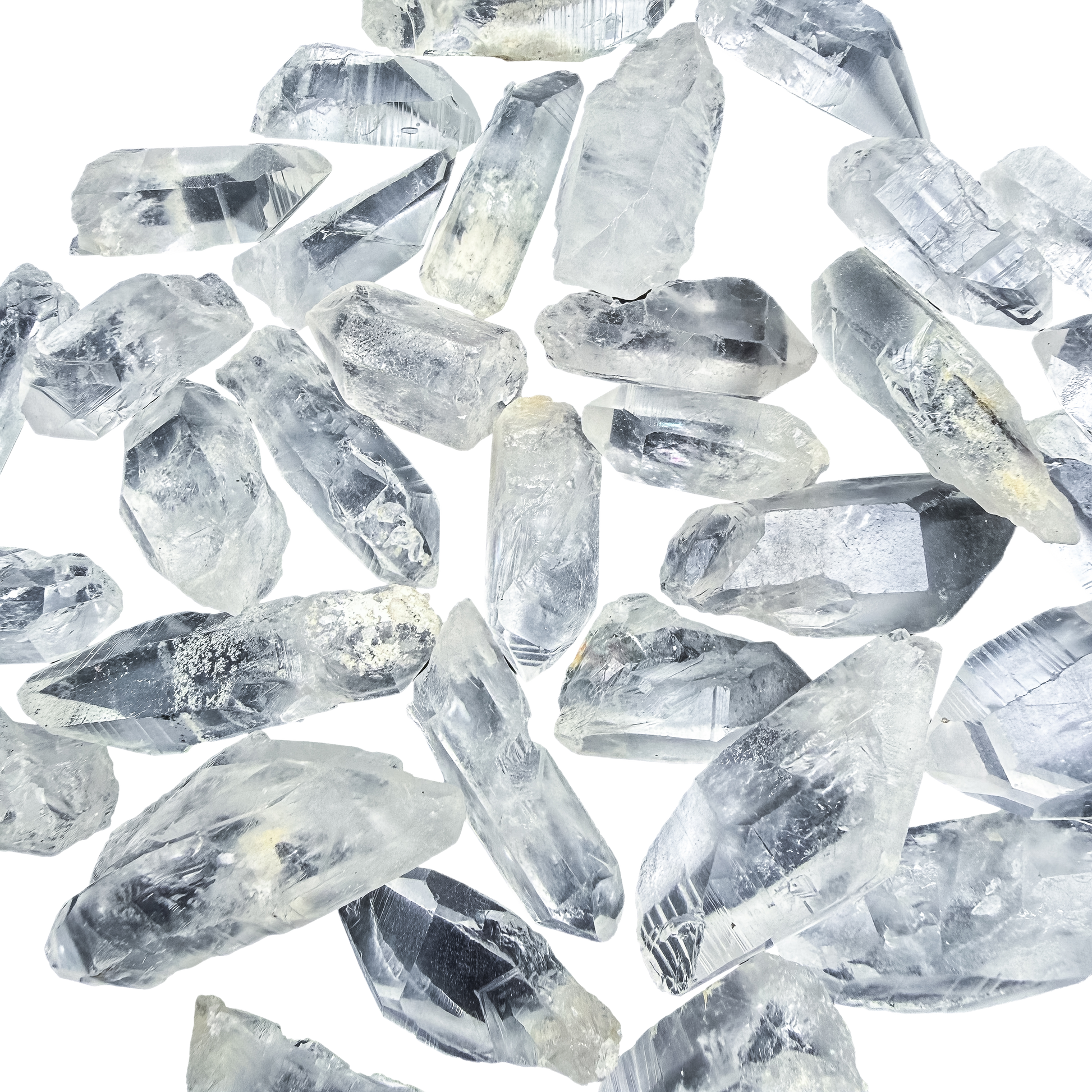Batch overview of 1 to 2 inches Lemurian Quartz, 24-40 pieces per pound, hand-selected at packing from this exact lot.