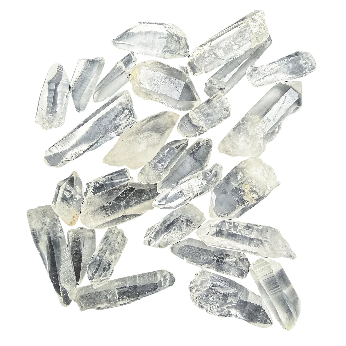 Full scatter of Lemurian Quartz raw crystal points, A grade, 1 to 2 inch, from Brazil