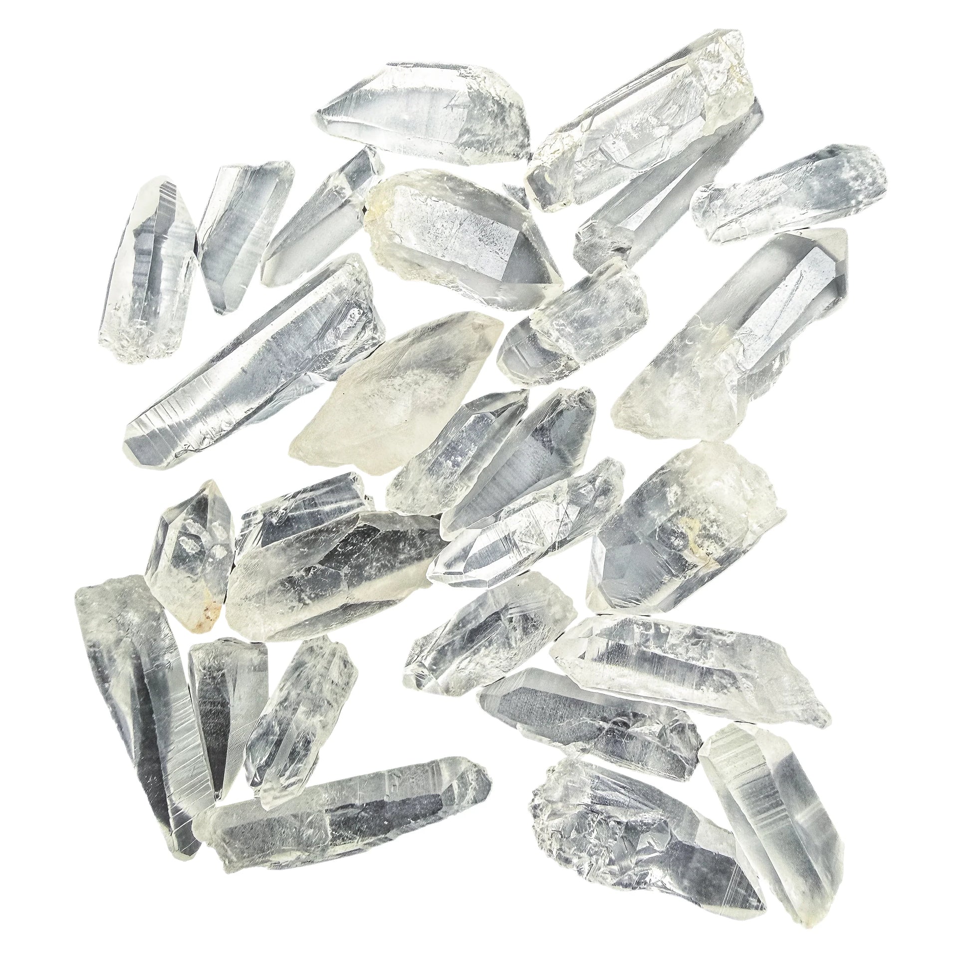 Full scatter of Lemurian Quartz raw crystal points, A grade, 1 to 2 inch, from Brazil