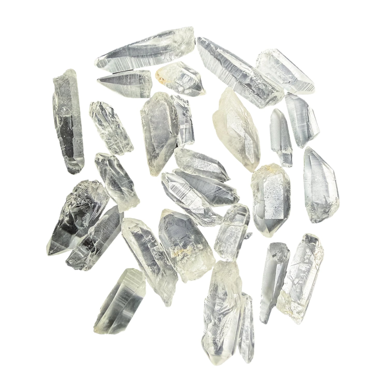 Angled view over Lemurian Quartz points showing the horizontal ladder striations they are known for