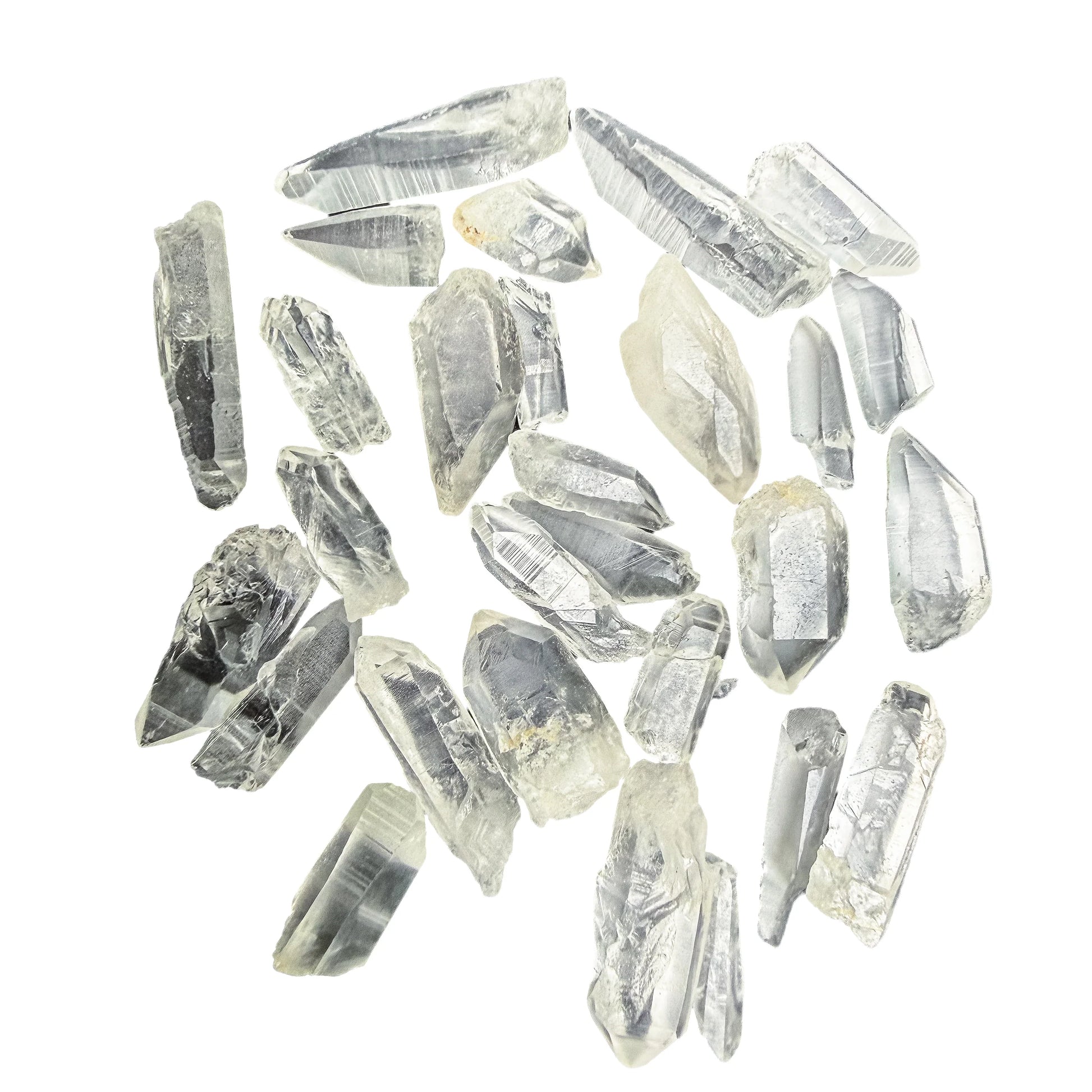 Angled view over Lemurian Quartz points showing the horizontal ladder striations they are known for