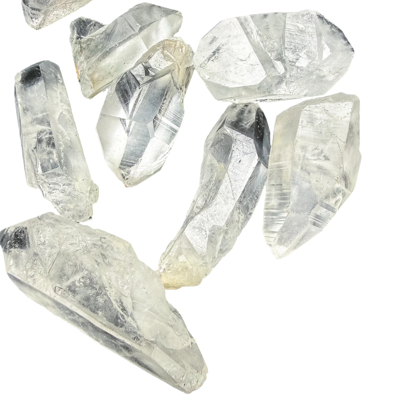 Side profile of a Lemurian Quartz point showing the ridged bar-code faces