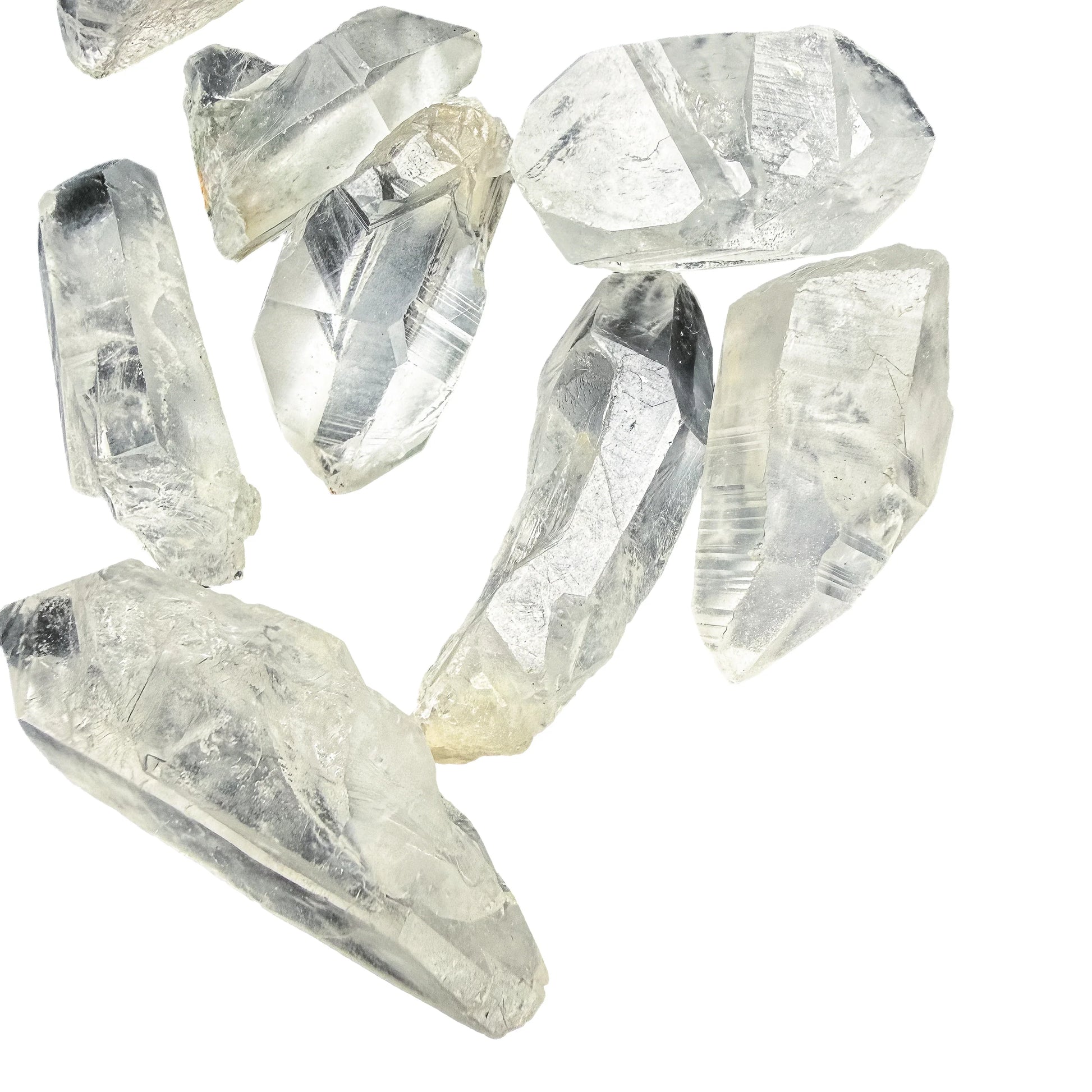 Side profile of a Lemurian Quartz point showing the ridged bar-code faces