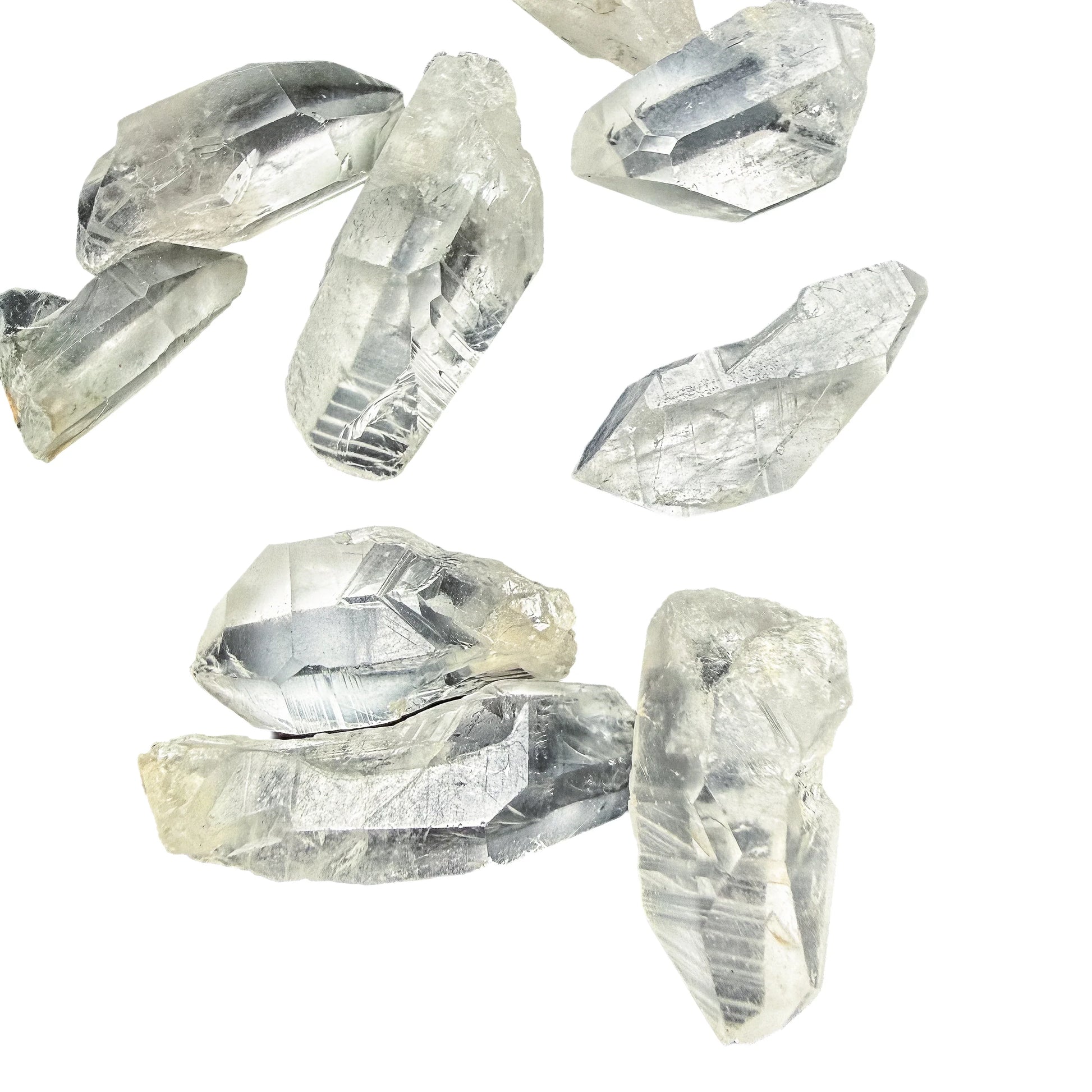 Group of Lemurian Quartz points showing the range from milky to water-clear