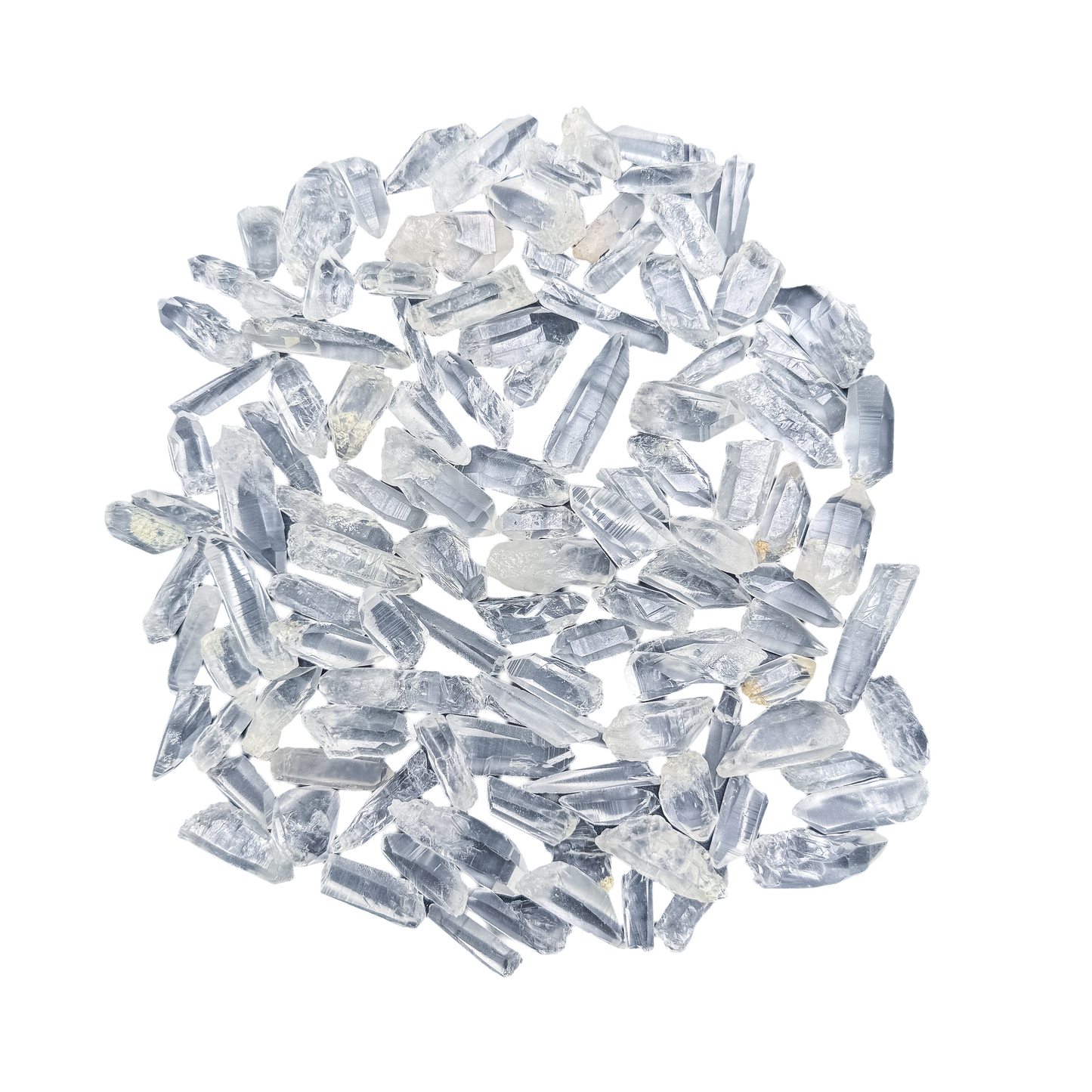 Lemurian Quartz points laid out flat, 2 to 10 grams each, ladder-like growth striations visible across the faces.