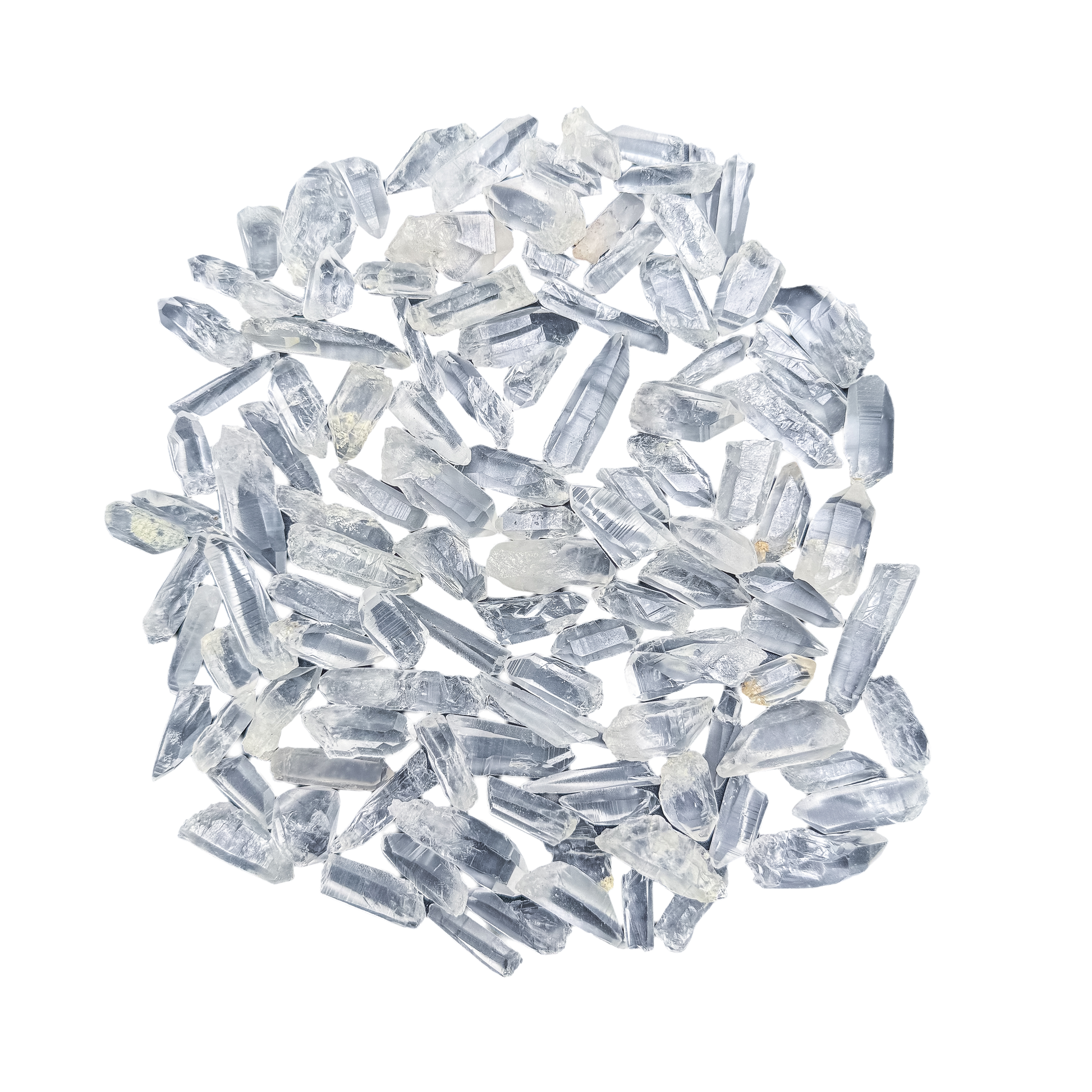 Lemurian Quartz points laid out flat, 2 to 10 grams each, ladder-like growth striations visible across the faces.
