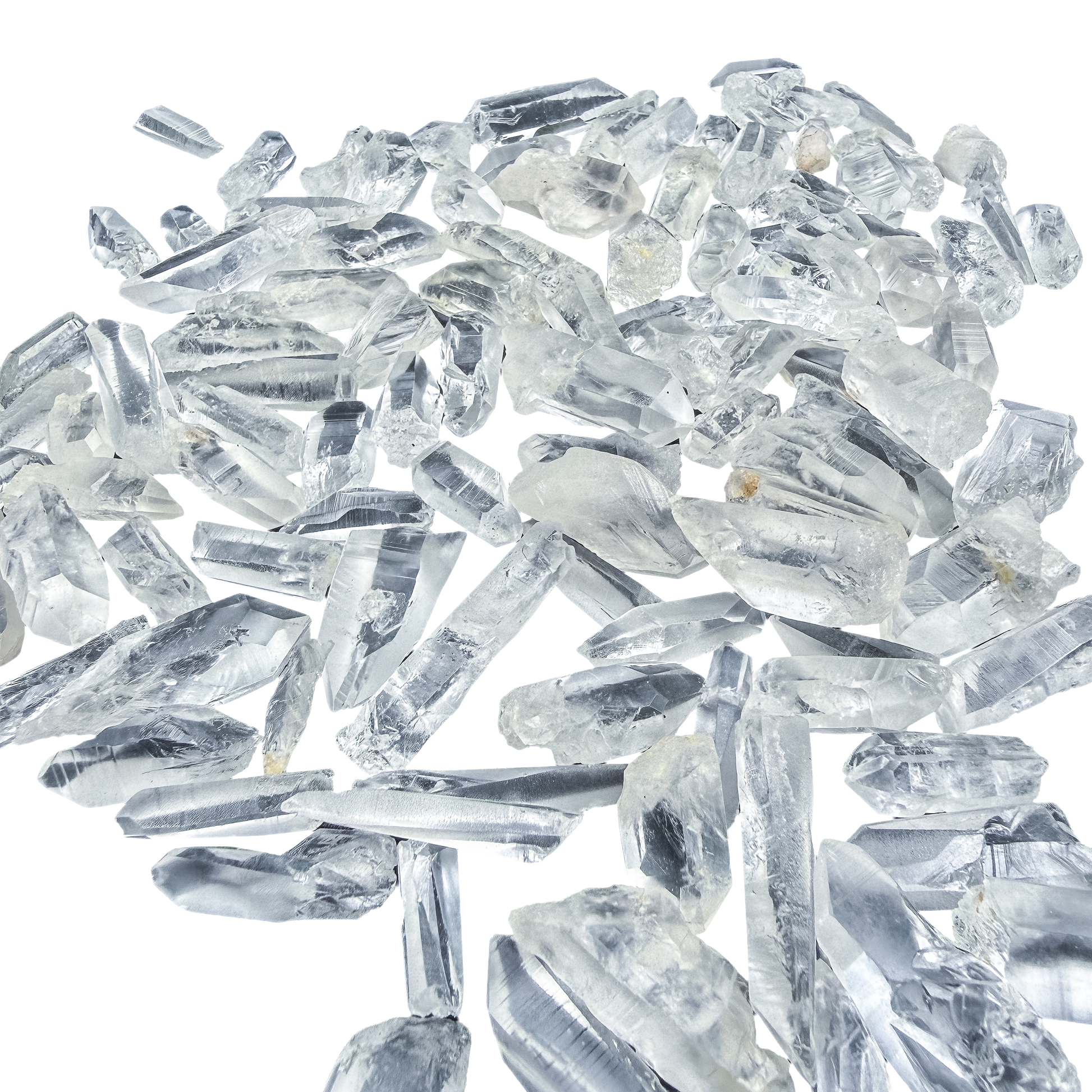 A-grade Lemurian Quartz raw points from Brazil, 48-72 pieces per pound, clarity ranging from water-clear to softly veiled.