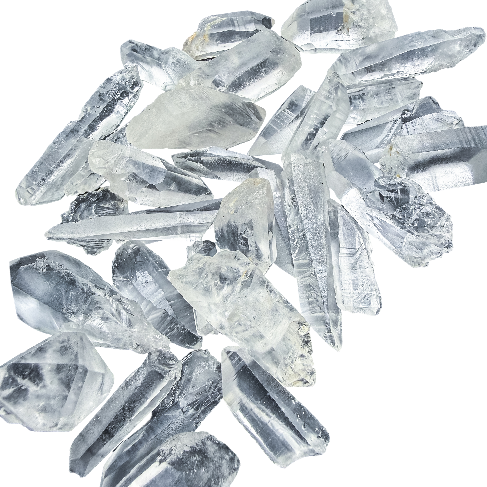 Grouped Lemurian Quartz crystal points sized 0.50 to 1.50 inches, natural terminations and untooled striated faces.