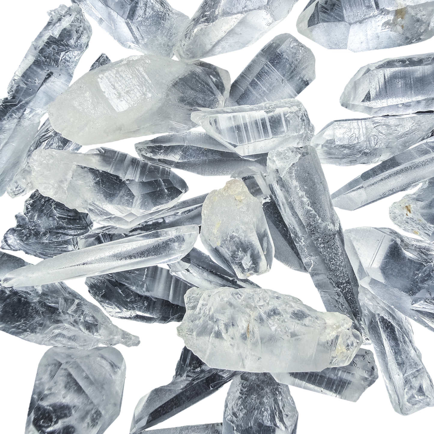 Lemurian Quartz from Minas Gerais photographed on white, showing colour and clarity across this 0.50 to 1.50 inches batch.