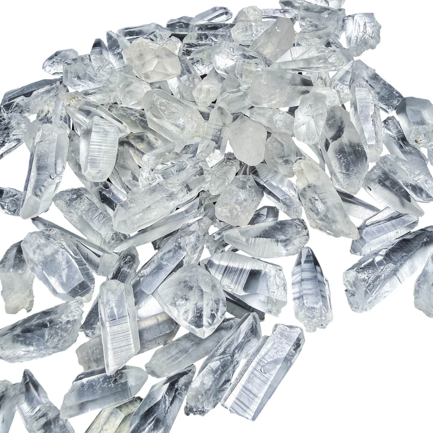 Lemurian Quartz raw crystal points arranged to show the size range of 0.50 to 1.50 inches within this batch.