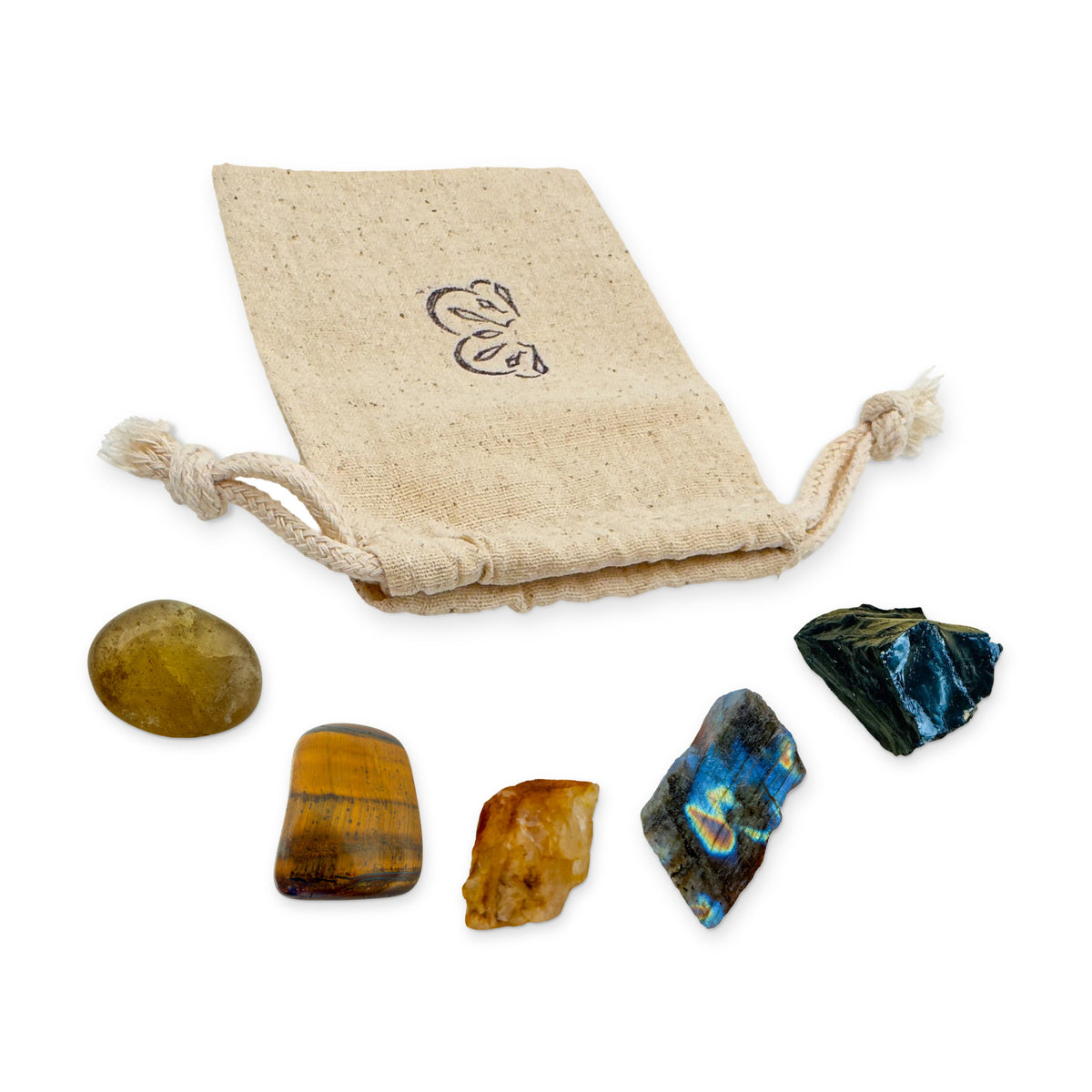 Leo Crystal Kit: natural citrine, tiger eye, golden healer, labradorite and black onyx, arranged with the reusable cotton bag they come in, on white