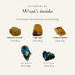 What's inside the Leo Crystal Kit: natural citrine 10 to 30 g, tiger eye 20 to 40 g, golden healer 20 to 40 g, labradorite 40 to 80 g, black onyx 20 to 50 g, drawn in true proportion to each other