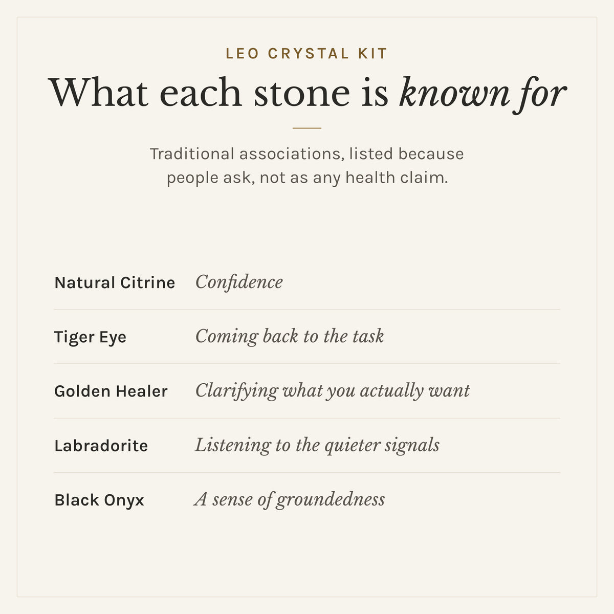 What each stone in the Leo Crystal Kit is traditionally known for: natural citrine, confidence; tiger eye, coming back to the task; golden healer, clarifying what you actually want; labradorite, listening to the quieter signals; black onyx, a sense of groundedness. Listed as traditional associations, not health claims