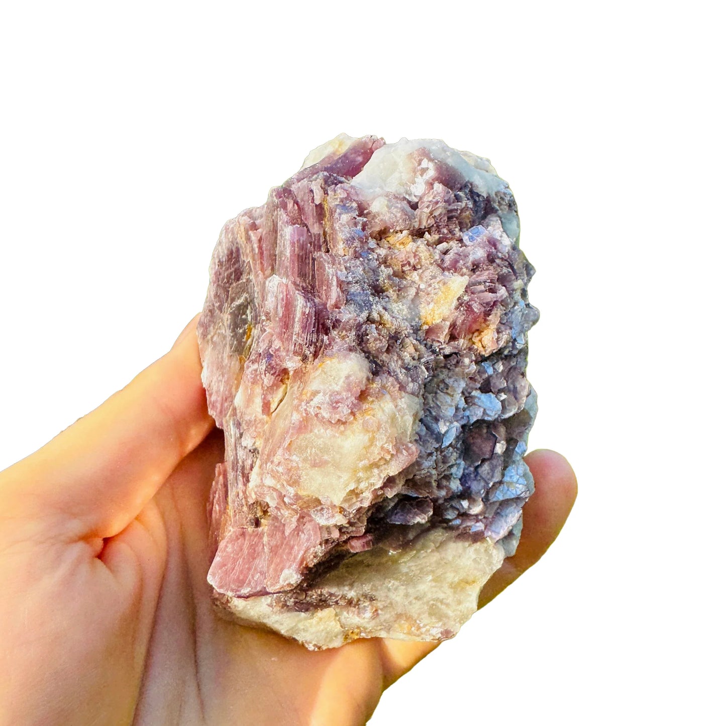 Up-close view of Lepidolite specimen, from Brazil, turned to for Stress Relief and Emotional Healing.