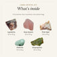 What's inside the Libra Crystal Kit: lepidolite 20 to 50 g, rose quartz 20 to 50 g, pink opal 20 to 40 g, prehnite 10 to 30 g, chrysoprase 20 to 50 g, drawn in true proportion to each other