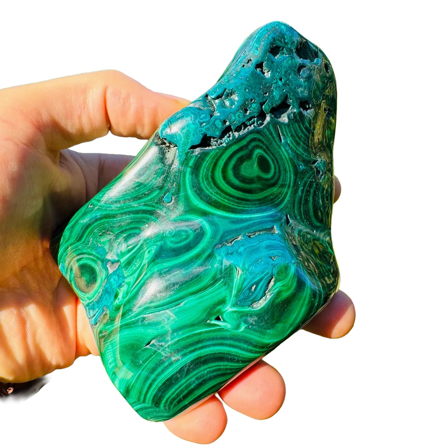 Side angle of Grade AA Malachite specimen, showing natural sheen.