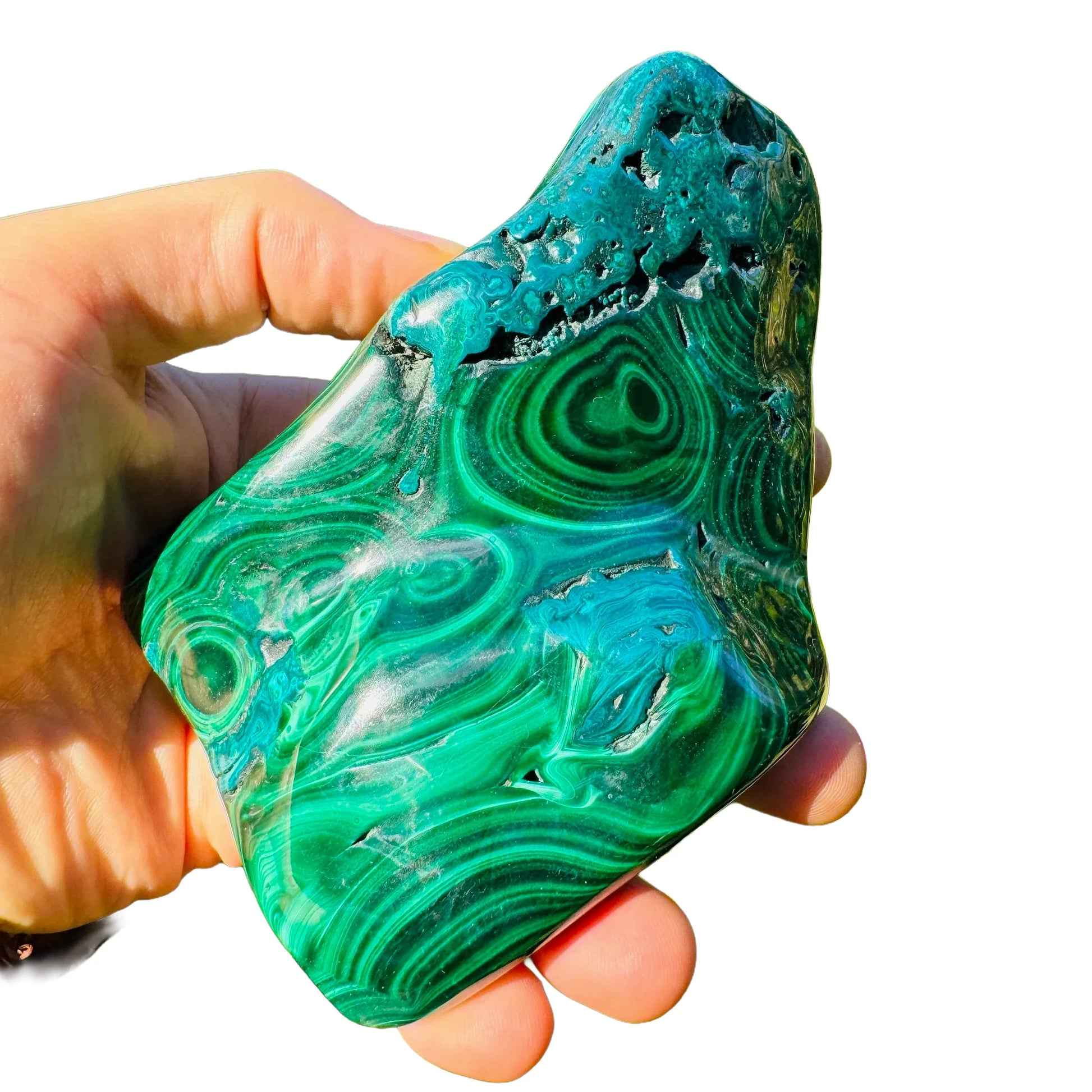 Side angle of Grade AA Malachite specimen, showing natural sheen.