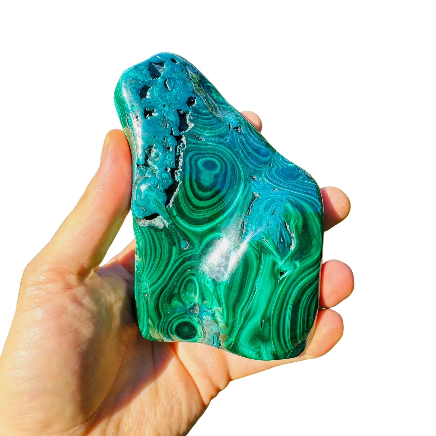 Alternate angle of Grade AA Malachite specimen, linked to Emotional Healing, showing natural variation.