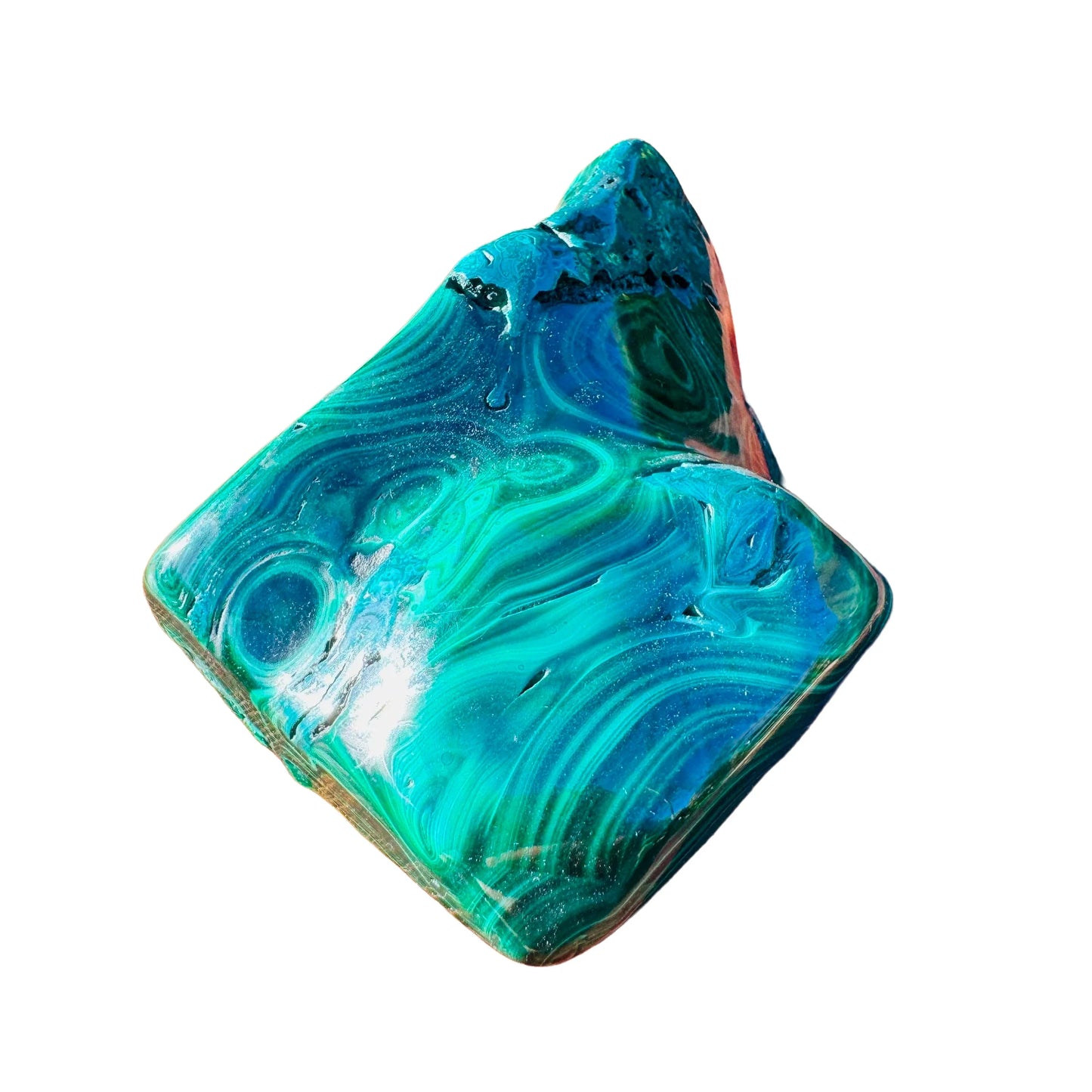 Hand-scale shot of a single Malachite specimen from Haut-Katanga, Democratic Republic of the Congo.