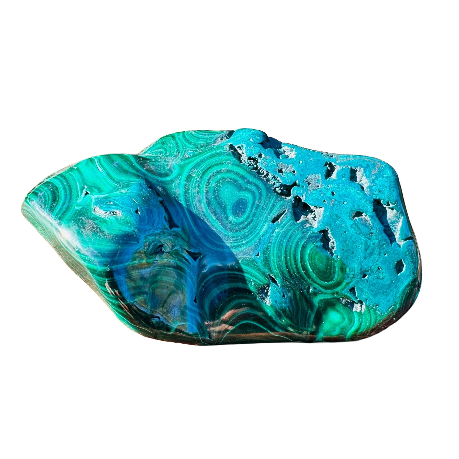 Daylight detail of Malachite specimen, from Haut-Katanga, Democratic Republic of the Congo, showing the piece in repose.