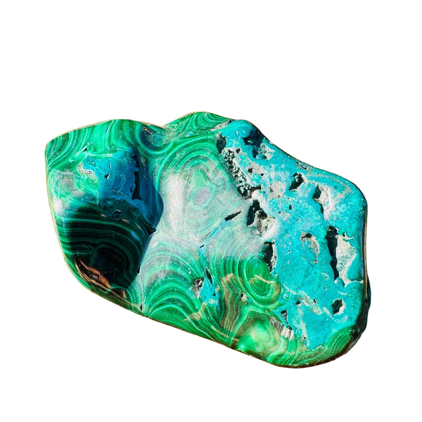 Detail shot of Grade AA Malachite specimen under natural light