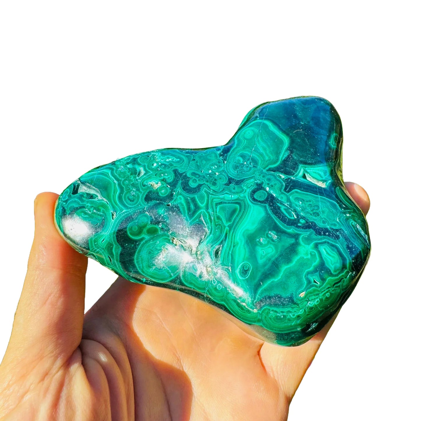 Side-on view of Malachite specimen, worked with for Emotional Healing and Protection, showing tight grain.