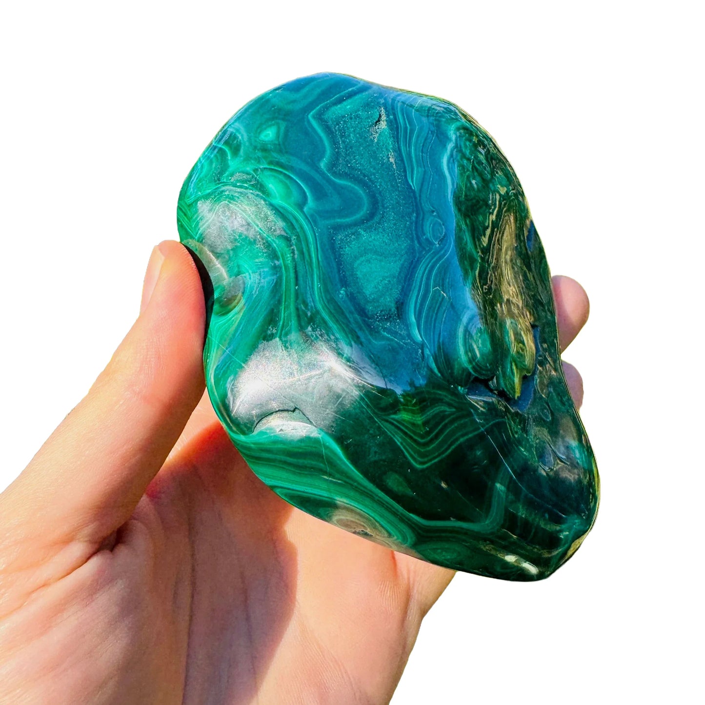 Bird's-eye view of Malachite specimen, showing earthy tone, Democratic Republic of the Congo-sourced.