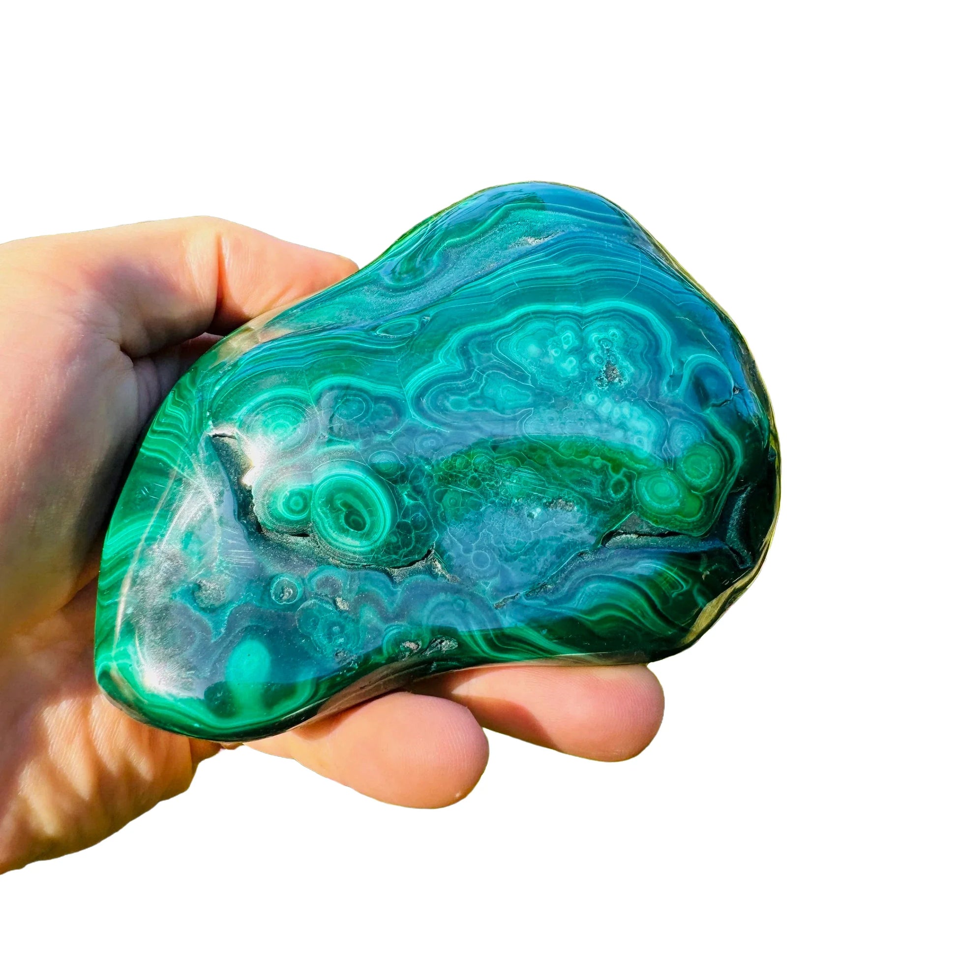 Palm-scale view of one Malachite specimen for scale, Democratic Republic of the Congo-sourced, from Haut-Katanga.