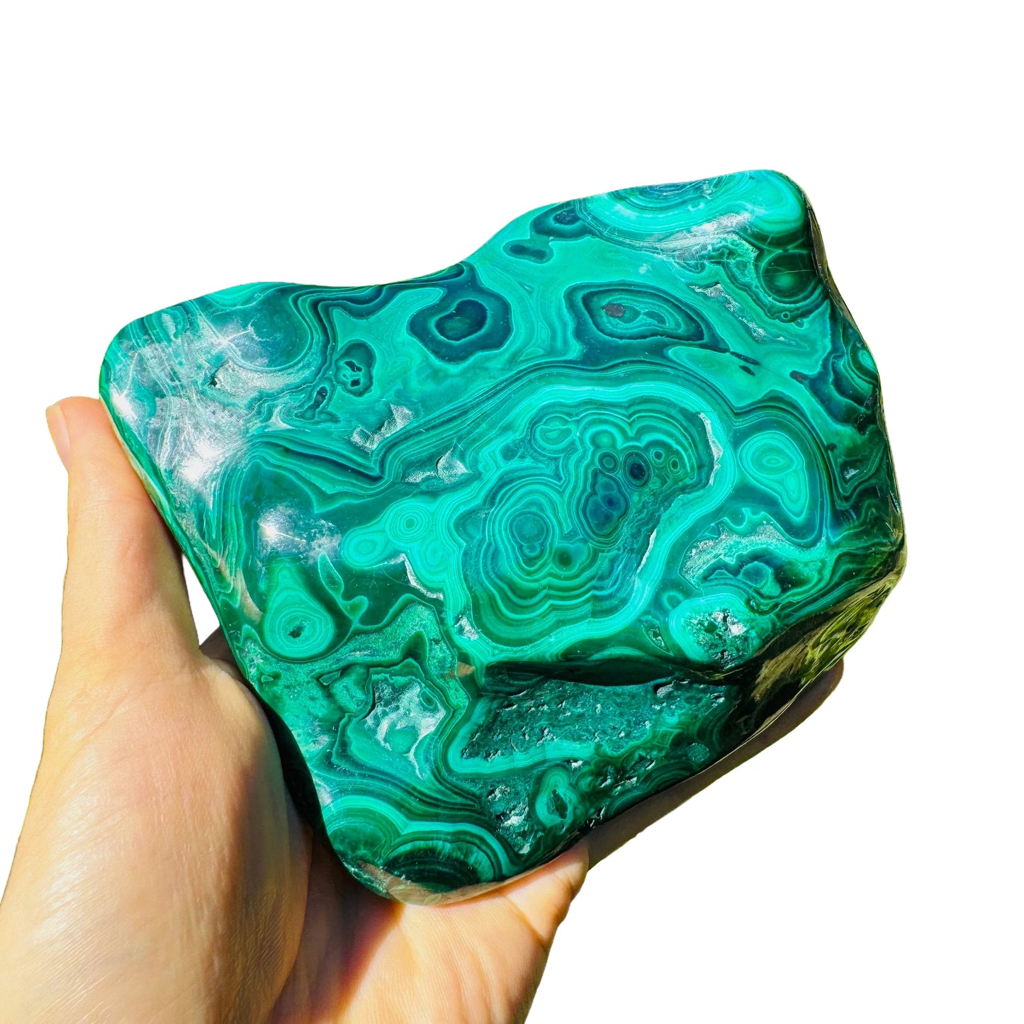Side-on view of green Malachite specimen, showing natural sheen, hand-selected from Haut-Katanga, Democratic Republic of the Congo.